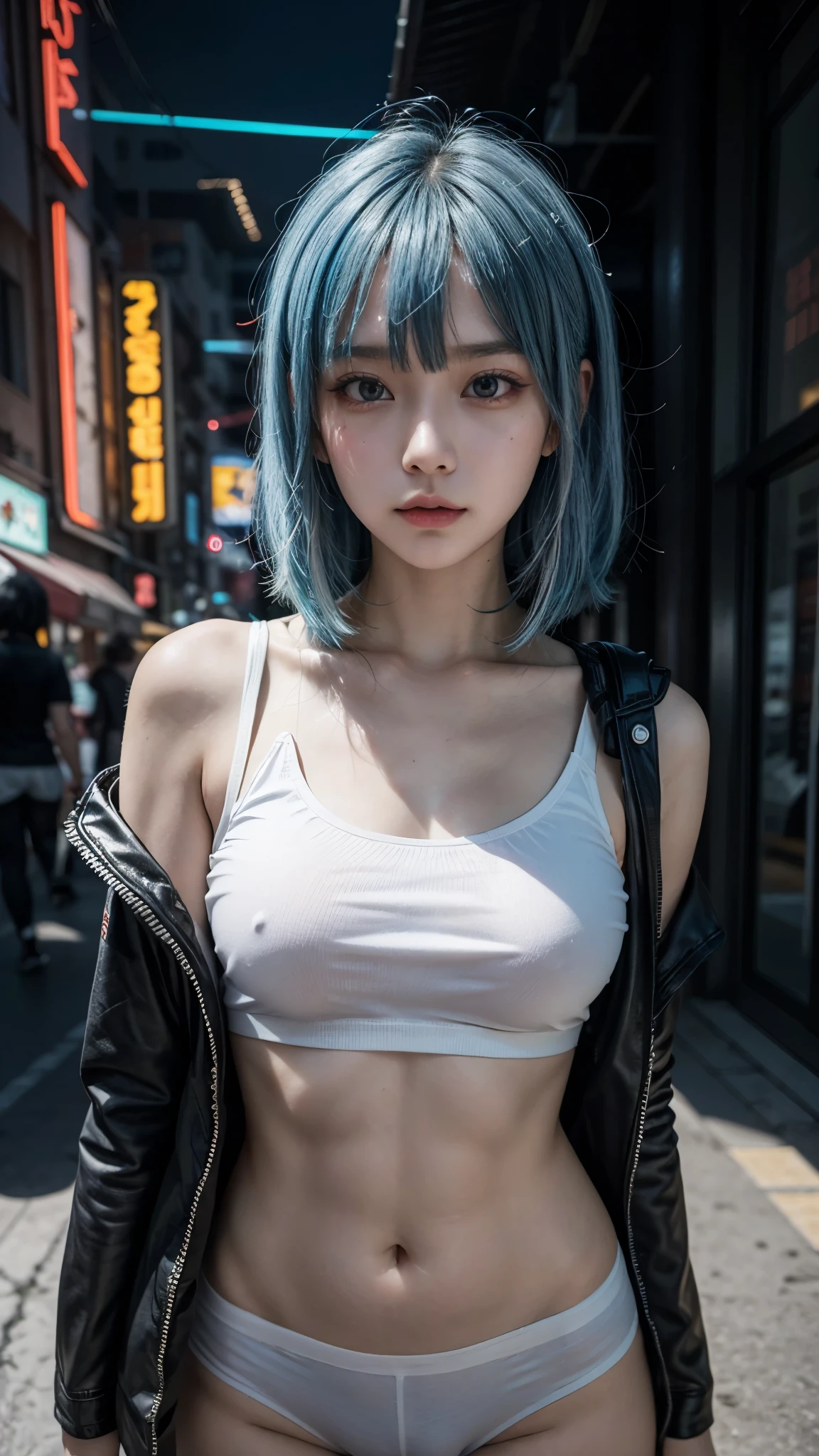 there is a woman with a blue hair and a white top, anime girl cosplay, inspired by Leng Mei, photo of slim girl model, anime girl in real life, seductive anime girl, cyberpunk 2 0 y. o model girl, chinese girl, female cyberpunk anime girl, photo of slim girl, beautiful cyberpunk woman model, anime cosplay, cosplay photo, cosplay