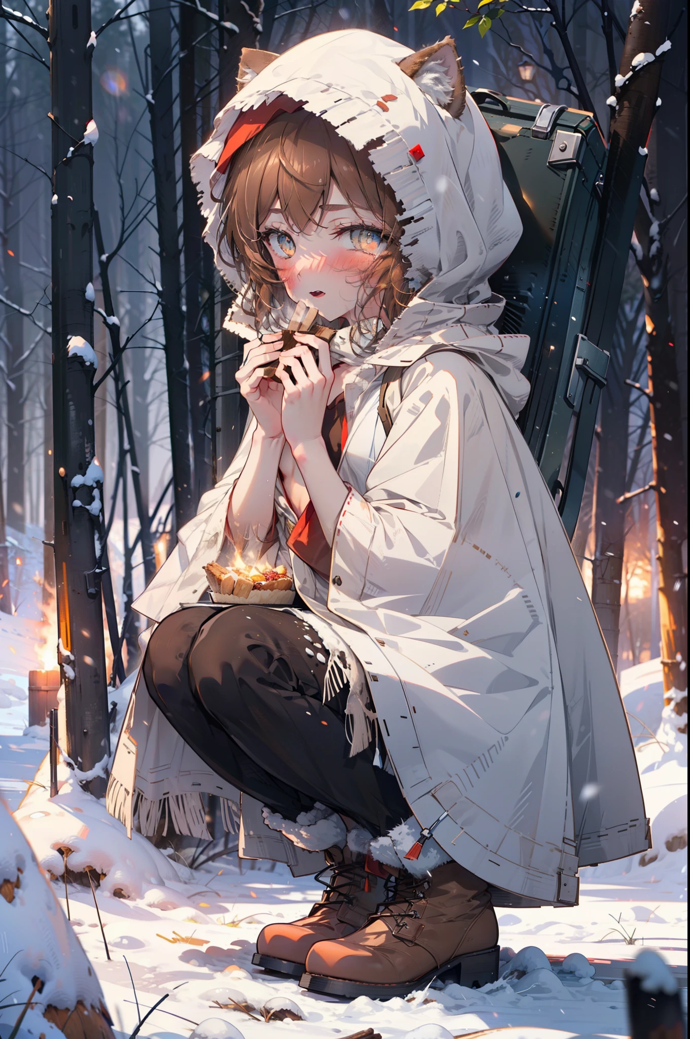 Lililukarde, Liliruka gets burned, Animal ears, (Brown eyes:1.7), Brown Hair, (Flat Chest:1.2), short hair,smile,blush,White Breath,
Open your mouth,snow,Ground bonfire, Outdoor, boots, snowing, From the side, wood, suitcase, Cape, Blurred, having meal, forest, White handbag, nature,  Squat, Mouth closed, Cape, winter, Written boundary depth, Black shoes, red Cape break looking at viewer, Upper Body, whole body, break Outdoor, forest, nature, break (masterpiece:1.2), highest quality, High resolution, unity 8k wallpaper, (shape:0.8), (Beautiful and beautiful eyes:1.6), Highly detailed face, Perfect lighting, Extremely detailed CG, (Perfect hands, Perfect ),