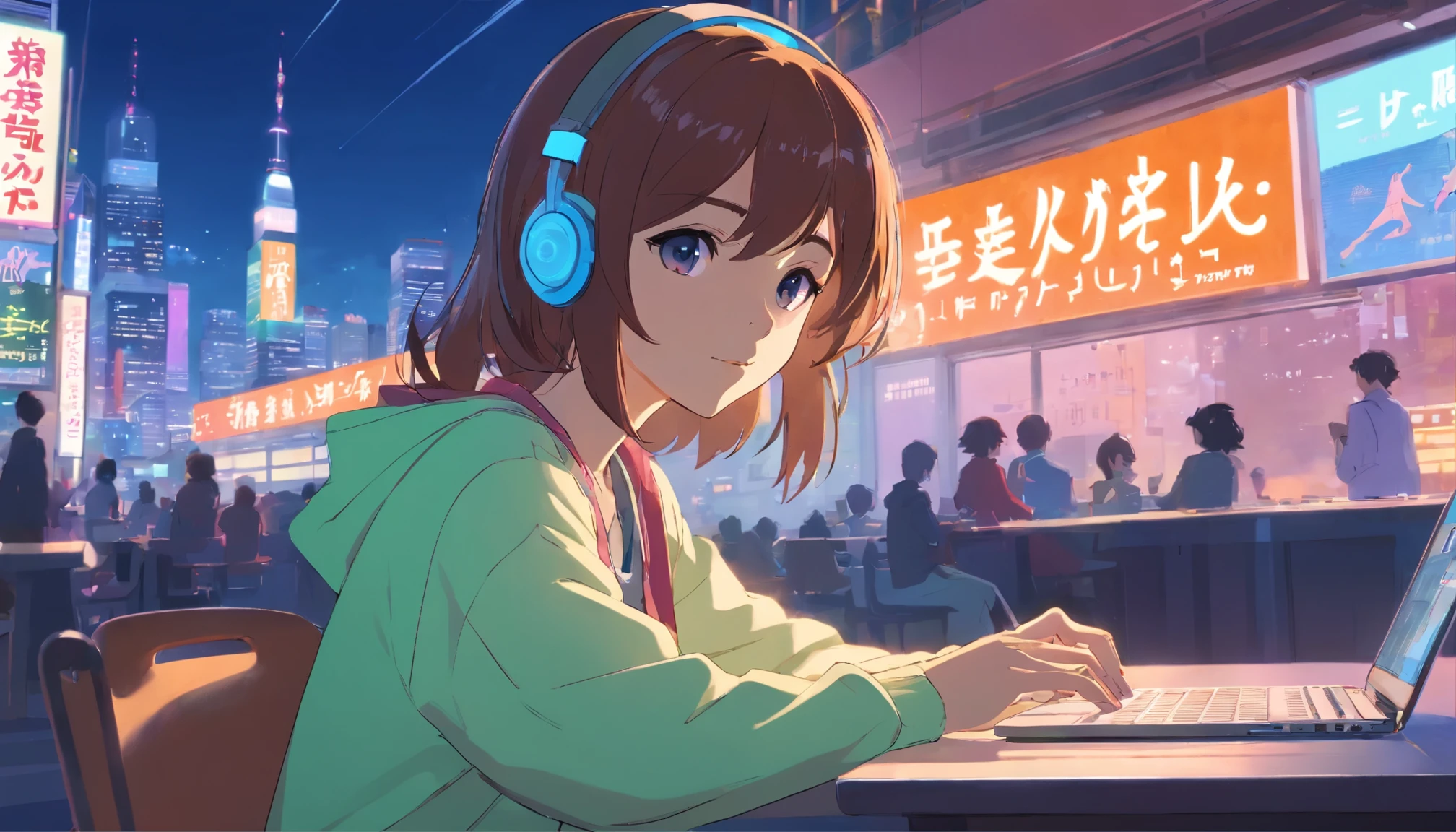 Anime girl with headphones, gracefully seated at a table, engrossed in her laptop, (zoomed in: 1.2), (neon cityscape as background: 1.1), praised for her artistry, (appreciative gaze: 1.3), (artistic style: 1.1), (detailed lines and shading: 1.1), (vibrant color palette: 1.2), (chill hop ambiance: 1.1), praised for her aesthetic, (portrait of serenity: 1.2), (emotionally resonant: 1.3), (visual narrative: 1.1), (