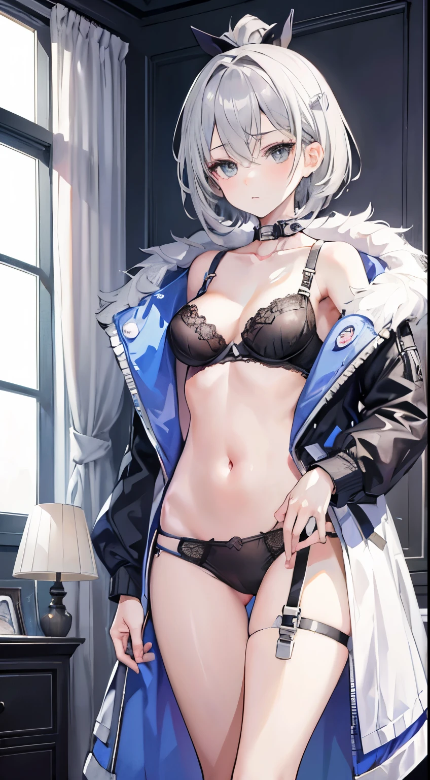 Highest quality,Girl,Silver Hair,Short Hair,Grey Eyes,Bedroom,coat,bra,underwear,fur