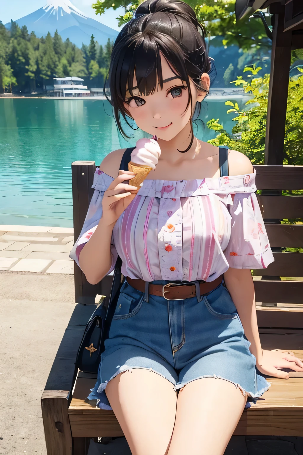 highest quality、High resolution、Detailed Background、(Beautiful face in every detail:1.4)、Anatomically correct、(Detailed facial expressions)、(Detailed eyes:1.2)、(Detailed eyes:1.2)、Teenage beauty、(Highly detailed face:1.4)、Cute color hair color、ponytail、Bobcut、Cute hairstyle、well-groomed eyebrows、In a joking manner、A big smile、Do cute things、Fit on one screen、

(Two beautiful girls eating ice cream to beat the heat at a summer resort:1.5)、

The way she eats the ice cream with a smile and licks it is adorable.、
Light dress、Floral and fruit patterns、Dresses with bright colors and patterns, such as stripes、
Pair it with cool footwear such as sandals or espadrilles.、
Off-the-shoulder tops in bright colors and vibrant patterns、Create a light look with denim shorts、A shirt dress is an item that gives a clean impression.、
Brightly colored or striped shirt dresseark your waist with a belt to enhance your style、
Lake Kawaguchi and the Five Lakes of Yamanashi Prefecture：Located at the foot of Mt. Fuji, Lake Kawaguchi and the Five Lakes are summer resorts surrounded by beautiful natural surroundings.、You can enjoy a stroll or boat ride along the lake and the view of Mt. Fuji.