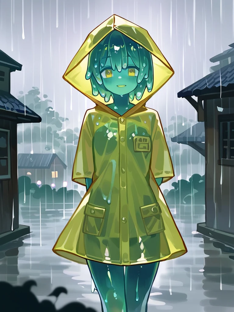 score_9, score_8_up, score_7_up, score_6_up, score_5_up, score_4_up, source_anime, slime girl, green skin, translucent yellow (raincoat:1.1), hands behind back, tilted forward, playful, happy, wet, outside, rural town, heavy rain, (raining:1.1), wind, cowboy shot, humanoid, solo, detailed, beautiful