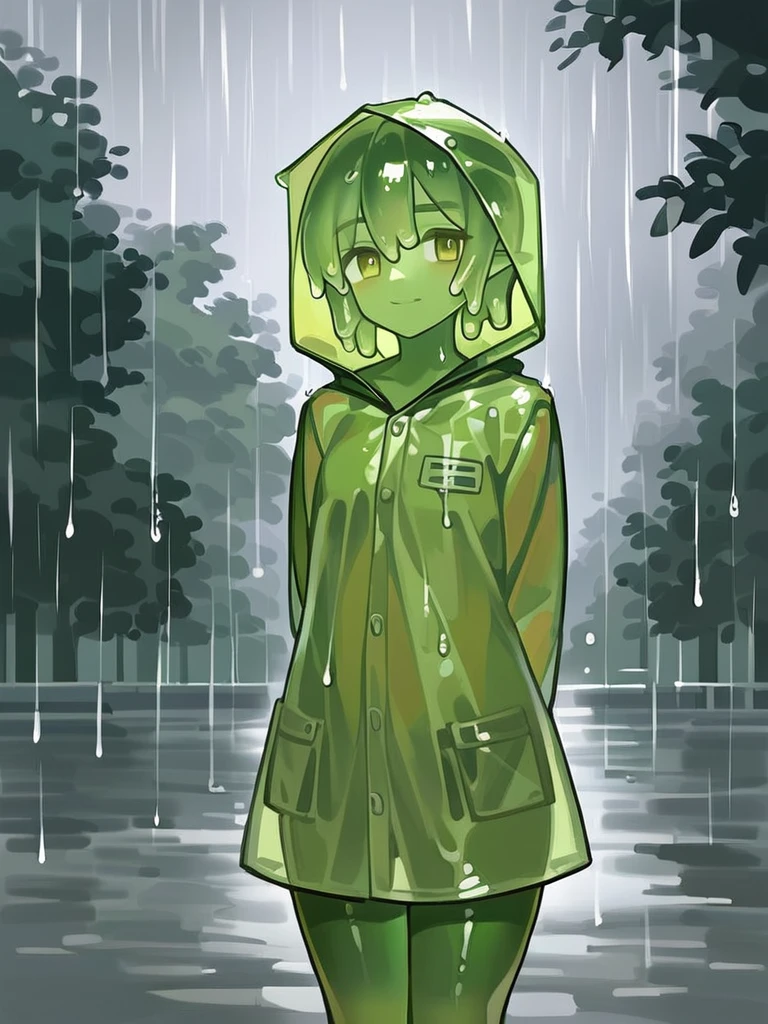 score_9, score_8_up, score_7_up, score_6_up, score_5_up, score_4_up, source_anime, slime girl, green skin, translucent yellow (raincoat:1.1), hands behind back, tilted forward, playful, happy, wet, outside, rural town, heavy rain, (raining:1.1), wind, cowboy shot, humanoid, solo, detailed, beautiful