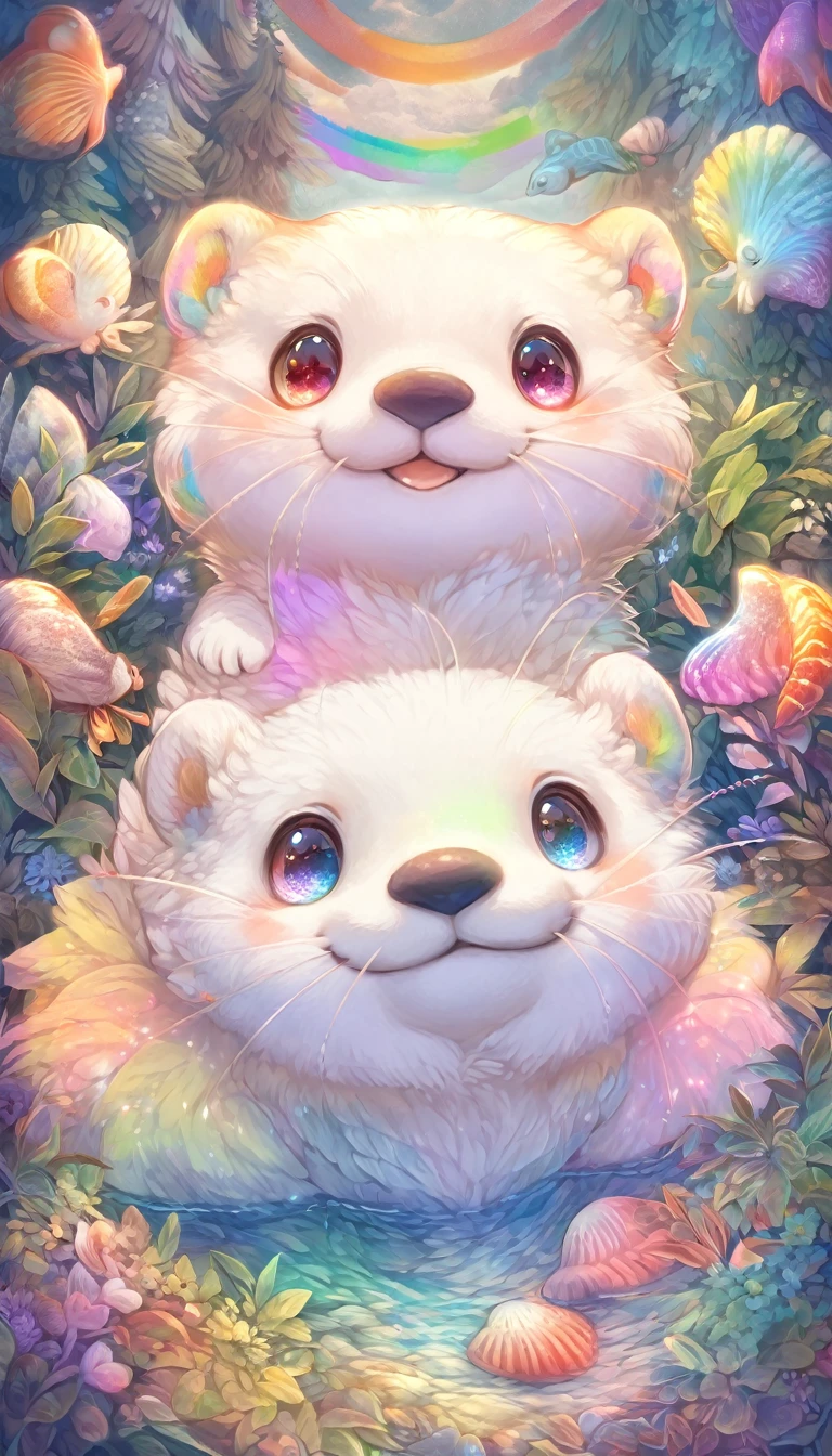 Super Deformation, Furry, interesting, highest quality, highest quality, 16k, Cute fluffy white sea otter, Big smile, Cute pose, in the forest, Fantasy world image, Fantastic and mysterious, I have glittering rainbow pastels and brightly colored seashells.、Diverse visual style combining various artistic elements