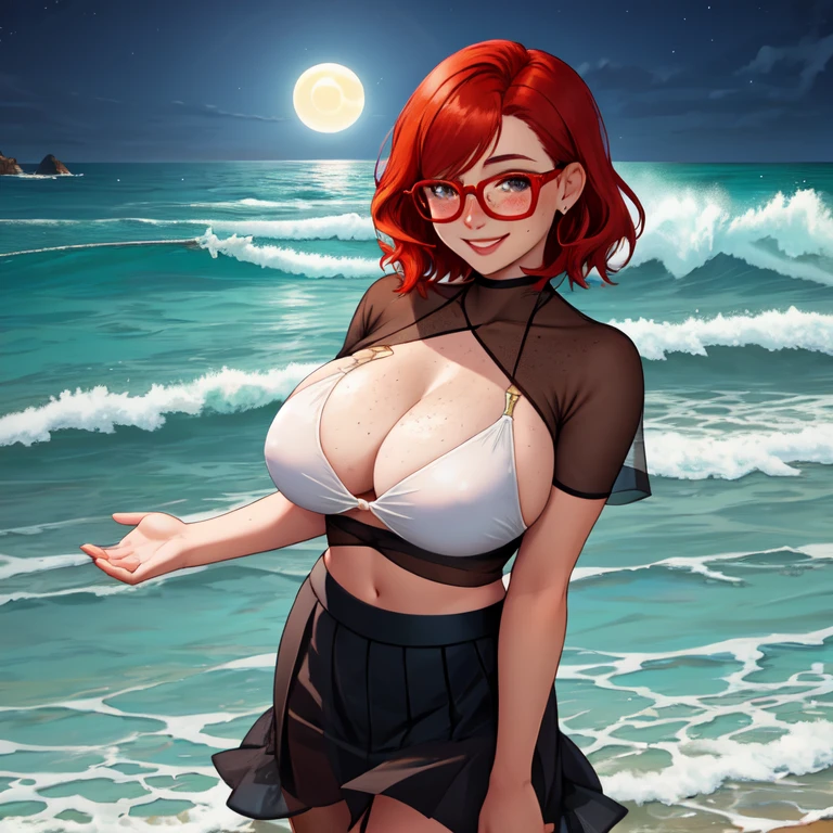 young woman, short red hair, glasses, freckles, smiling, lifting skirt, sheer under chest top, ocean beach, huge waves, moonlight