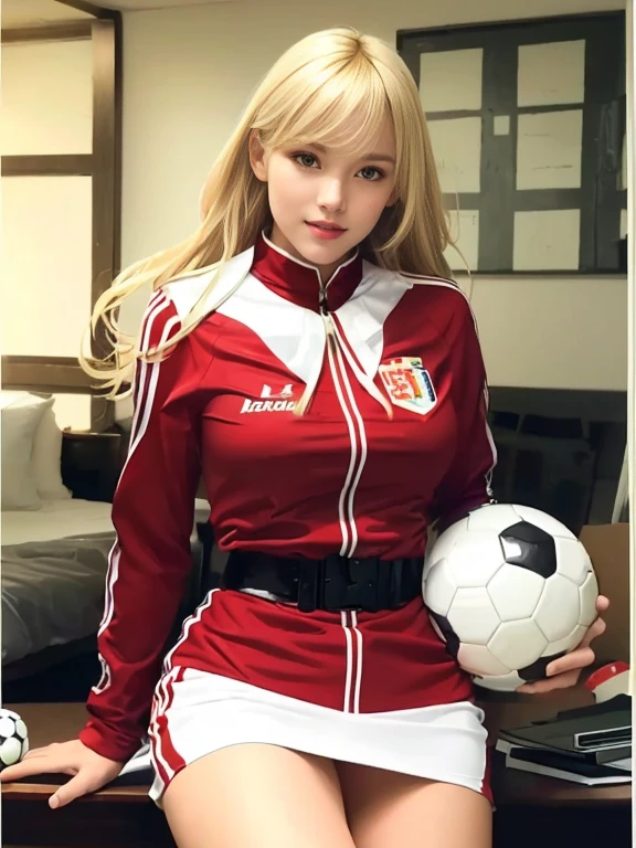 Blonde woman in uniform holding a soccer ball in a room, Wearing a red captain&#39;s uniform, Red Uniform, Portrait Astronaut Girl, Beautiful female android!, inspired by Yasutomo Oka, Inspired by Le Chevalier, As a retro-future heroine, Ayaka Cosplay, Similar to Annie Leonhart, masayoshi suto and artgerm, Android Heroine