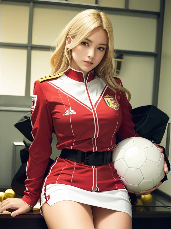 Blonde woman in uniform holding a soccer ball in a room, Wearing a red captain's uniform, Red Uniform, Portrait Astronaut Girl, Beautiful female android!, inspired by Yasutomo Oka, Inspired by Le Chevalier, As a retro-future heroine, Ayaka Cosplay, Similar to Annie Leonhart, masayoshi suto and artgerm, Android Heroine