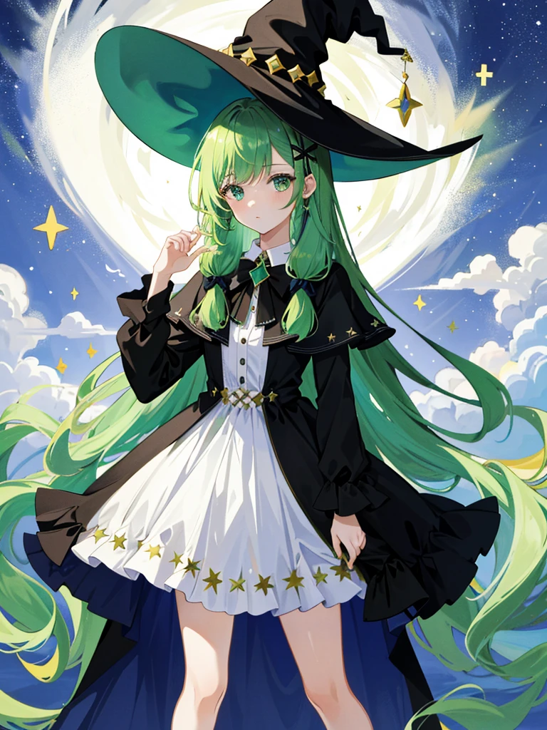 ((masterpiece:1.2, highest quality)), One girl, alone, (Witch Hat), Green Hair, Long Hair, dress, Aurora, night, star (null), Mitt, null, White dress, night days