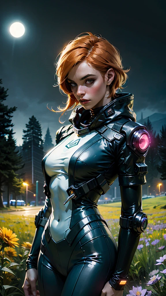 girl with orange hair, With a blue cyberpunk outfit, In the colorful meadow, at night