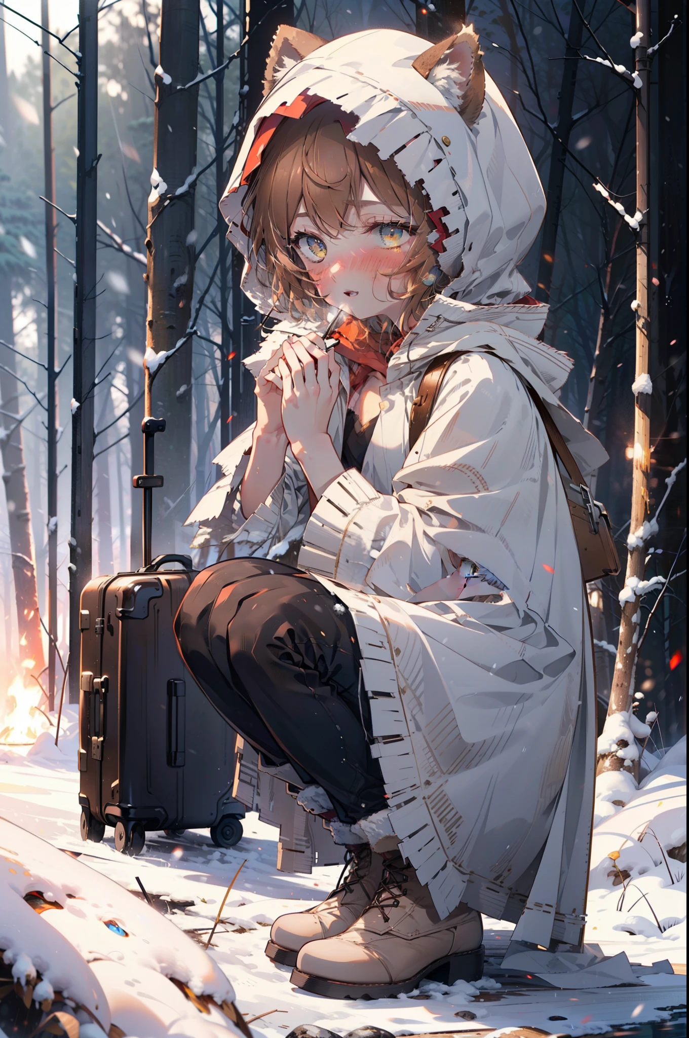 Lililukarde, Liliruka gets burned, Animal ears, (Brown eyes:1.7), Brown Hair, (Flat Chest:1.2), short hair,smile,blush,White Breath,
Open your mouth,snow,Ground bonfire, Outdoor, boots, snowing, From the side, wood, suitcase, Cape, Blurred, having meal, forest, White handbag, nature,  Squat, Mouth closed, Cape, winter, Written boundary depth, Black shoes, red Cape break looking at viewer, Upper Body, whole body, break Outdoor, forest, nature, break (masterpiece:1.2), highest quality, High resolution, unity 8k wallpaper, (shape:0.8), (Beautiful and beautiful eyes:1.6), Highly detailed face, Perfect lighting, Extremely detailed CG, (Perfect hands, Perfect Anatomy),