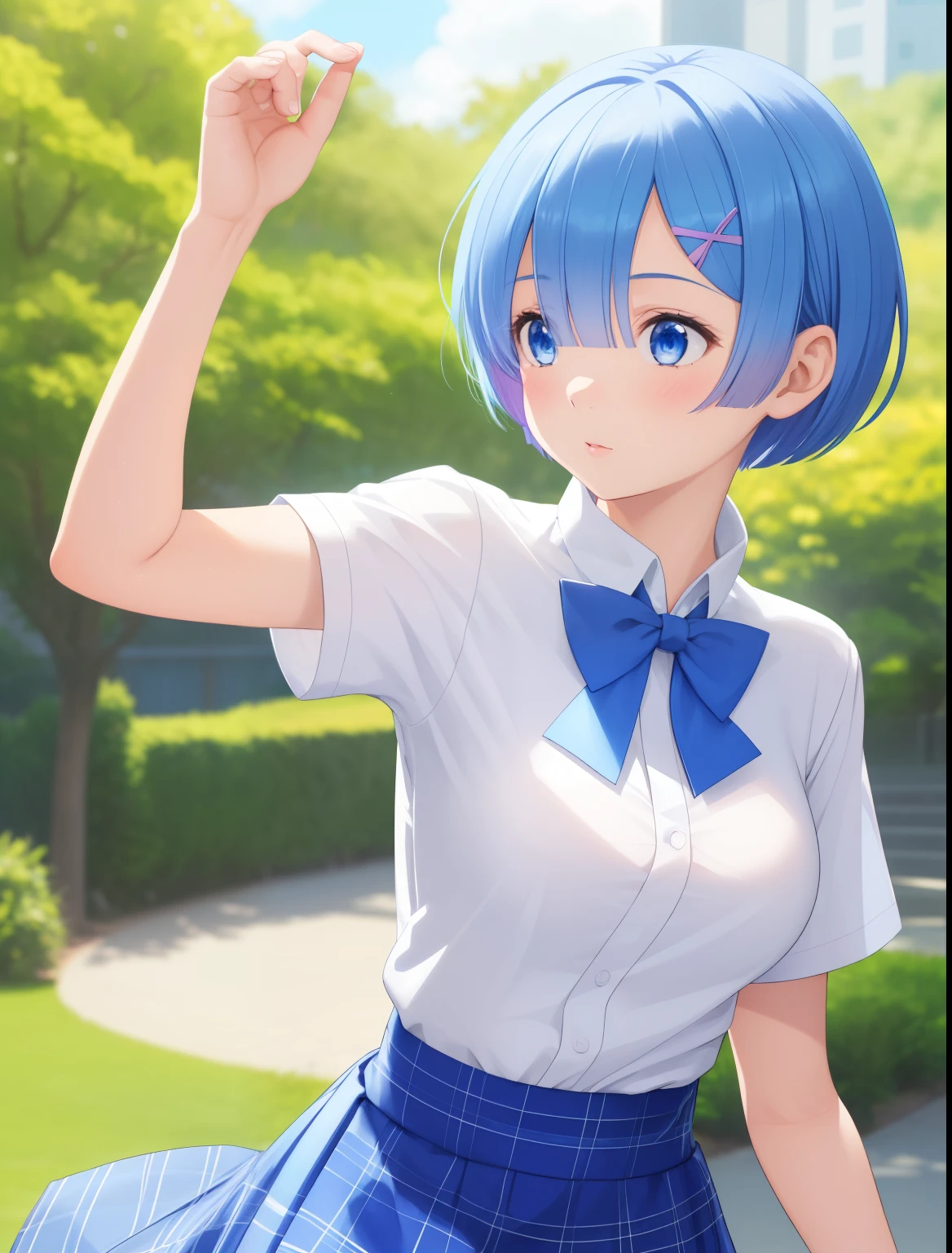 1girl, rem re zero,Short hair, Running, facing right, camera angle from the side, looking away, photo from the side,,blue hair, blue eyes,,White shirt, short sleeve shirt, blue plaid skirt, blue bow tie,half body photo,ultra detail, ultra hd