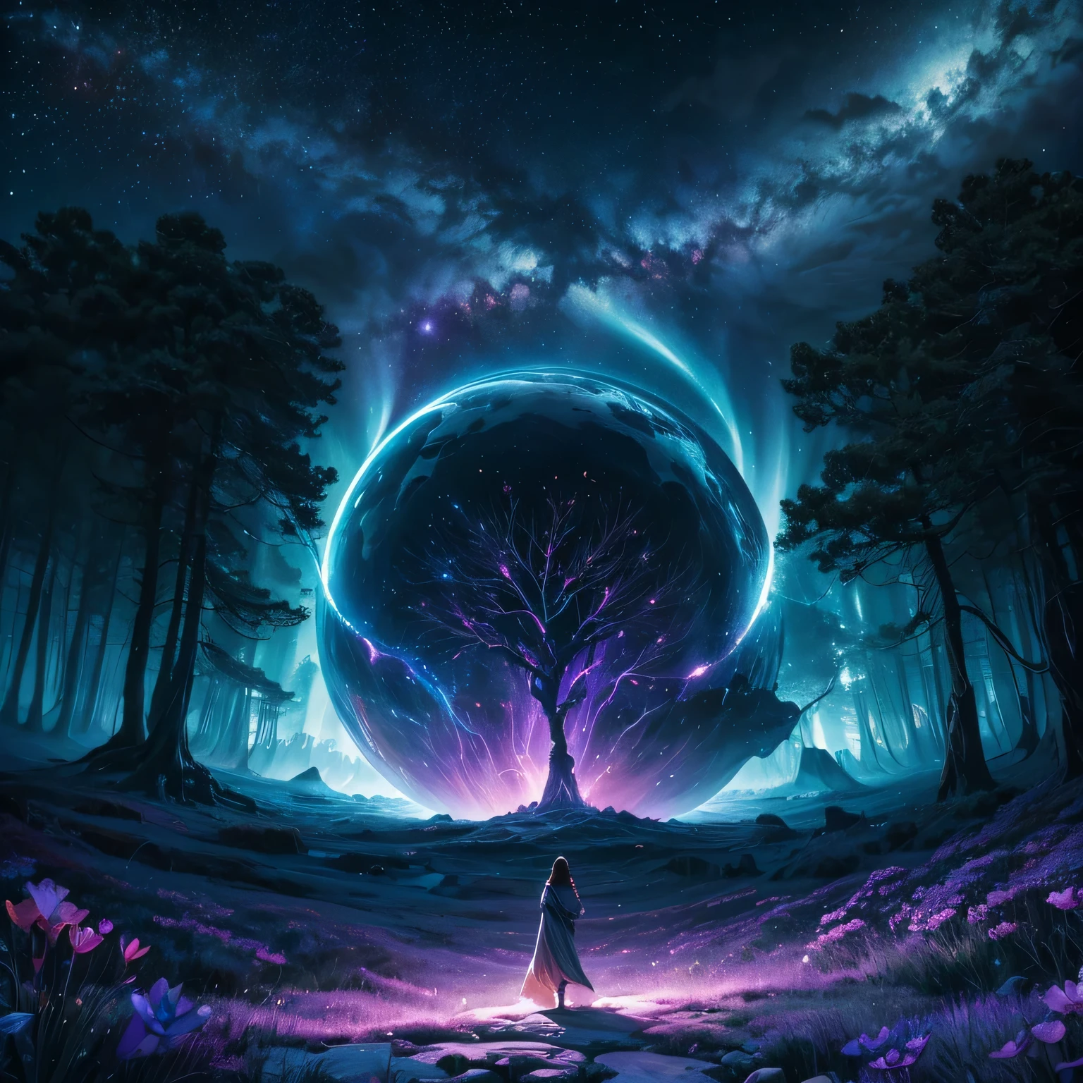 In the depths of the cosmic expanse lies a realm unlike any other: the enigmatic landscape of Etherealith. Here, upon a planet veiled in swirling mists of iridescent hues, one witnesses a symphony of surreal beauty and cosmic wonder.
Upon setting foot on Etherealith, one is immediately struck by the kaleidoscopic array of flora that blankets the terrain. Trees with crystalline branches stretch towards the heavens, their leaves shimmering with an ethereal glow that pulses in synchrony with the heartbeat of the universe. Beneath them, fields of luminescent flowers sway in a gentle breeze, each petal a miniature galaxy unto itself, swirling with iridescent hues.
But it is not only the flora that captivates the senses; the very ground beneath one's feet seems alive with pulsating energy. Rivers of liquid stardust meander through the landscape, their currents shimmering with hues unseen by mortal eyes. The air itself crackles with latent magic, infusing every breath with a sense of boundless possibility.
Yet, amidst the breathtaking beauty of Etherealith, there lies an undercurrent of danger. Deep within the heart of the planet, caverns of pure crystal resonate with an ominous hum, echoing the whispers of ancient cosmic forces. Strange creatures, born of the primordial energies that course through Etherealith's veins, lurk in the shadows, their forms twisting and shifting in ways that defy comprehension.
And high above, the sky is ablaze with celestial phenomena beyond imagination. Nebulae dance across the firmament like celestial dancers, their colors shifting and swirling in a mesmerizing ballet of light. Shooting stars streak across the heavens, leaving trails of ephemeral beauty in their wake, while distant galaxies spiral through the cosmic tapestry, their light illuminating the infinite expanse.
In this realm of awe and wonder, danger and beauty are two sides of the same cosmic coin. To behold Etherealith is to glimpse the very essence of the universe itself,