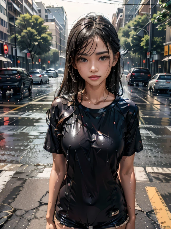 a beautiful girl crying in the countryside road, rainy, trees around the road, standing, wet shirt, long hair, black hair, ((small breasts))