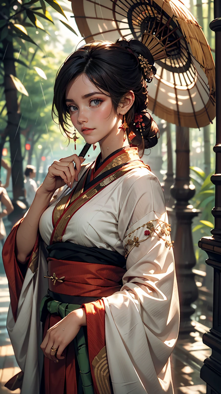 masterpiece, Highly detailed CG Unity 8k wallpaper, 1 girl, beautiful, Realistic, Blur, Blurred background, Blurred foreground, bamboo forest, Depth of written boundary, Earrings, jewelry, nose, Realistic, alone, Hanfu, Holding a paper umbrella, rain