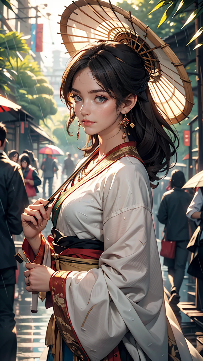 masterpiece, Highly detailed CG Unity 8k wallpaper, 1 girl, beautiful, Realistic, Blur, Blurred background, Blurred foreground, bamboo forest, Depth of written boundary, Earrings, jewelry, nose, Realistic, alone, Hanfu, Holding a paper umbrella, rain