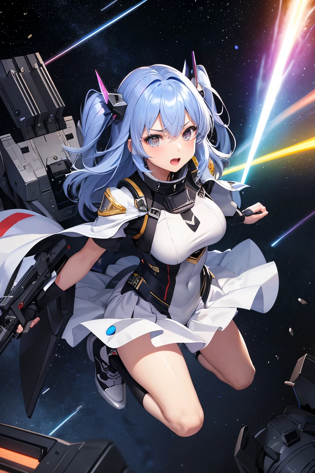 （（（highest quality、first-clasasterpiece、Normal body、8k、Detailed face、Ultra-precision、Normal hand、Normal finger、５Finger、）））Brightly colored hair、Rainbow Hair、Rainbow Mechanical Angel、Large rainbow mechanical wings、Large booster、Large rainbow thruster、Visor Helmet、Racy leotard、Armor Skirt、Thought-guided remote-controlled weapon、Funnel、Bit Weapon、Full Armor、Beam rifle、Rainbow Beam、Running through space、Full boost、Beam Sword、Fighting space monsters、Variable Beam Launcher、multi missile、Mega Beam Cannon、In combat、Dogfight、High Maneuver、Space War、fleet battle、Destroy enemy ships、High mega particle cannon firing、ultimate weapon、Multi-warhead missiles、Full burst、All-at-once sweep、Breaking the Limits、critical point breakthrough、Charged particle cannon、Meteors、Defeated by Space Monster、Gets hit and tears clothes、Showing off、Hit and exposed skin、Tattered Armor、Shabby costume、Pain、Embarrassed