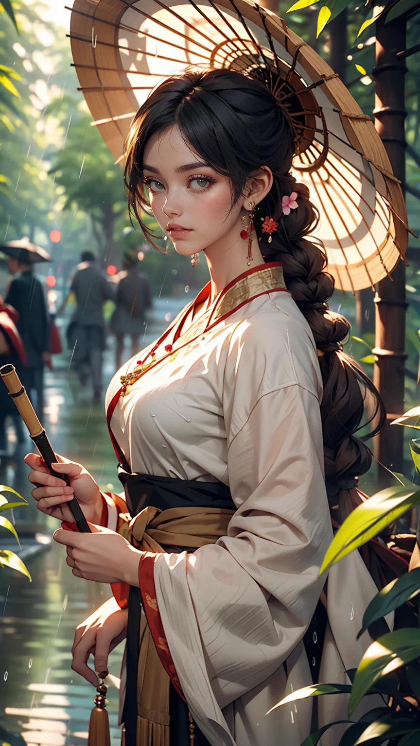 masterpiece, Highly detailed CG Unity 8k wallpaper, 1 girl, beautiful, Realistic, Blur, Blurred background, Blurred foreground, bamboo forest, Depth of written boundary, Earrings, jewelry, nose, Realistic, alone, Hanfu, Holding a paper umbrella, rain