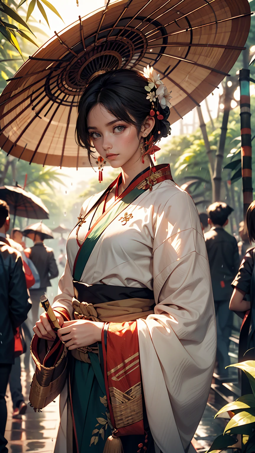 masterpiece, Highly detailed CG Unity 8k wallpaper, 1 girl, beautiful, Realistic, Blur, Blurred background, Blurred foreground, bamboo forest, Depth of written boundary, Earrings, jewelry, nose, Realistic, alone, Hanfu, Holding a paper umbrella, rain