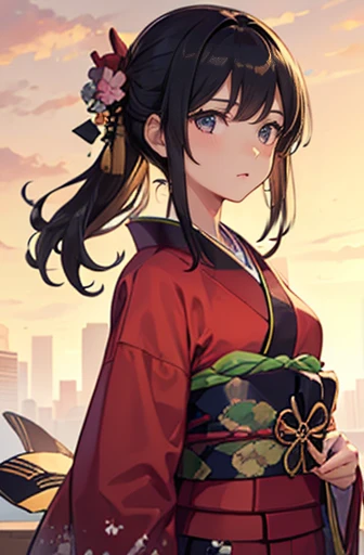 A girl is wearing kimono with skirt. Small bust, Skinny body