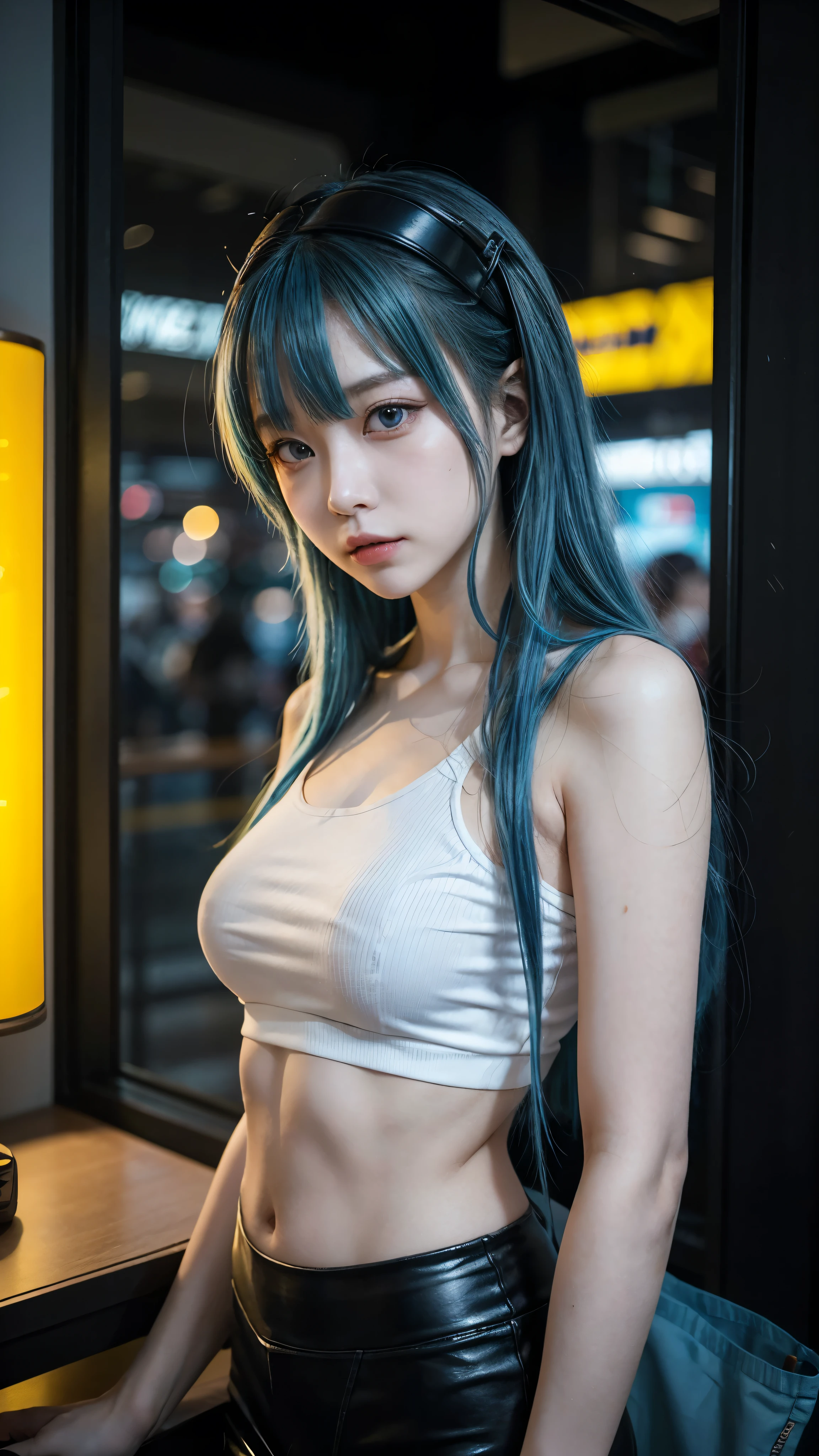 there is a woman with a blue hair and a white top, anime girl cosplay, inspired by Leng Mei, photo of slim girl model, anime girl in real life, seductive anime girl, cyberpunk 2 0 y. o model girl, chinese girl, female cyberpunk anime girl, photo of slim girl, beautiful cyberpunk woman model, anime cosplay, cosplay photo, cosplay