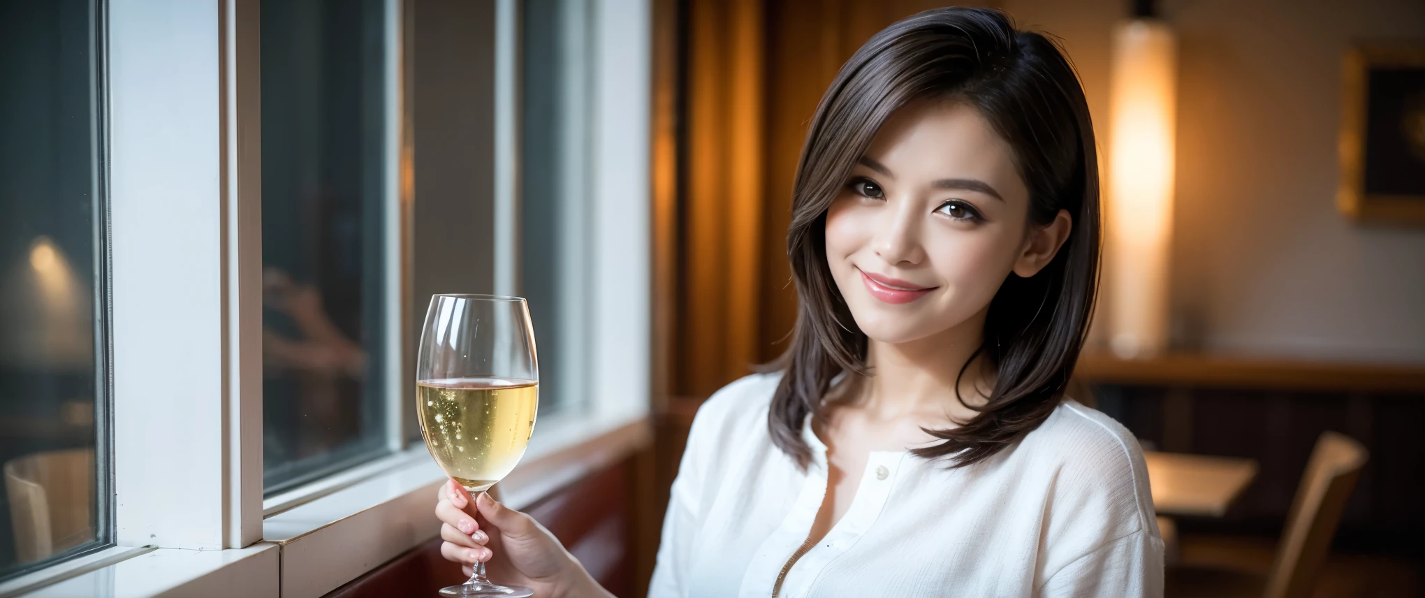 ((highest quality、8k、masterpiece:1.3))、Sharp focus:1.2、Beautiful woman perfect body:1.4、slimなボディ、((Bob Hale、Straight hair:1.2))、(to be born, highest quality, masterpiece:1.5), (Realistic, Intricate details:1.2), テーブルにwine glass、Put the light on your face、 Amazing view of the sunset sky and clouds、Amazing mountain views、ニコニコ明るいsmile、smileの素敵な女性、Bright image、2. The beauty of wine, Beautiful Face, blue eyes, The light shines on your face, Blushing, short hair,Bright Face、Fox face、 (43 years old), 39 years old, Lady、red wine 、Appetizers、Italian food、Wine bottle、Champagne、sparkling wine、Two beauties、Brown Hair、Shortcuts、Long sleeve shirt、dress、Pretty Woman 1, (slimな顔), (The body is slim), (Brown Hair), (Shortcuts), cheeks turn a little red,Attractive beauty、, Out of the window, A beautiful and detailed night view unfolds.........., restaurant, In a prominent place (From the waist up) Nova Frog Style, actress, model, Upper Body, White wine, slim, wine glass, 真ん中に置かれたwine glass, smile, (smile: 1.15), Beautiful fine grain, Depth f/2,saturation, High Contrast, Strong light and shadow,Moist Body:1.5、3D texture、Delicate eyes、Brown Hair、The hair is very shiny、