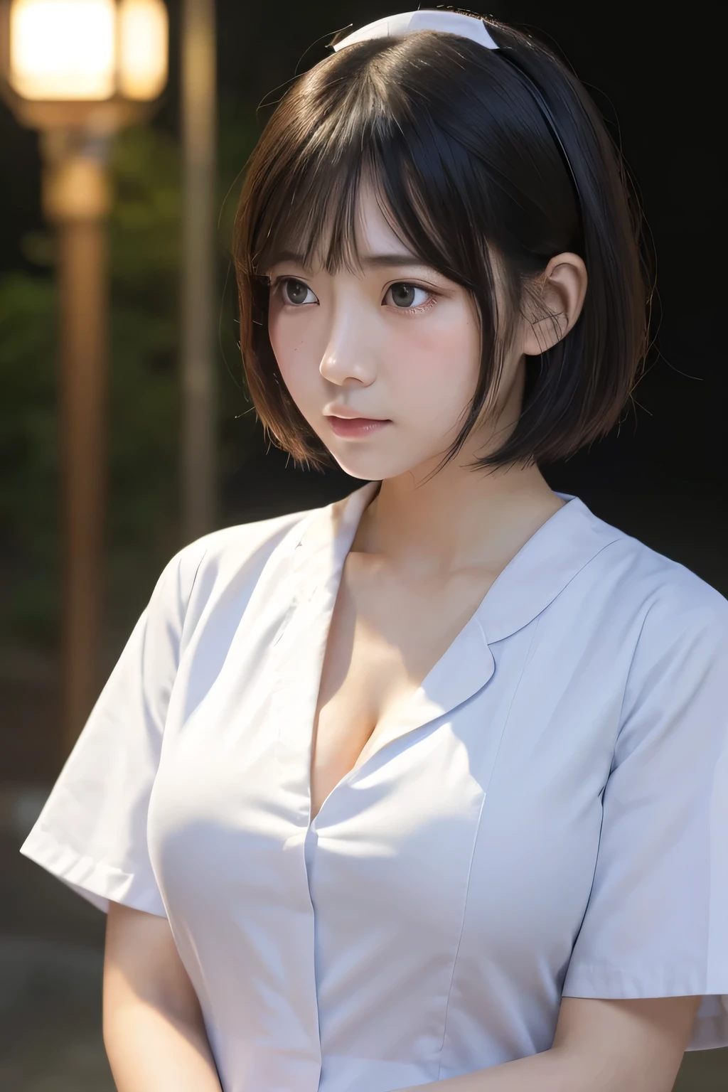 (1 Girl)、(Beautiful Japanese、18years old,round face、Refreshing、clear、seems kind、stylish、Pitiful、cute like an angel、cute、black eyes、,actress,Almond-shaped eyes,Translucent white skin、Beautiful skin), Good style , (Beautiful big breasts:1.2),(soft breasts),(very cute),(Black hair),(short bob hair),(enchanting eyes),(highlight on eyes:1.2)、(8K、Live shooting、highest quality、masterpiece:1.2、optimal lighting)、((masterpiece)),(Photo taken by a professional photographer),(real、photo real:1.4),break,{ (White nurse costume),(((taraditional nurse uniform))),,{(White nurse tight pants)},(cleavage:1.2)},( Crying in tears:1.2),(tears:1.4))(cheeks are red:1.2), break, break,Old abandoned hospital,Face shot:1.3、 night、looking away, face close-up,Looking up、sitting、