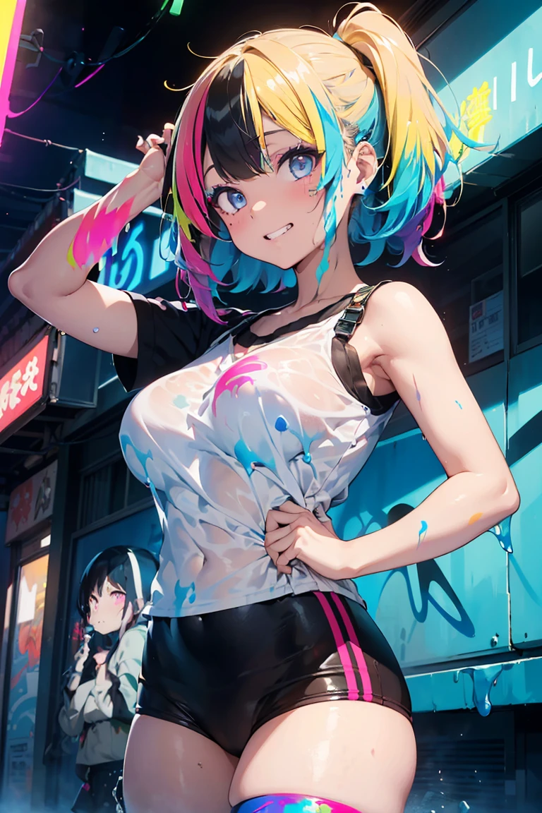 Eyes that shine like jewels, Anime Girls,Punk Fashion,Punk Makeup, ((Grin)), (Big Breasts:1.3),((Upward glance:1.3, Perfect Eyes, Cowboy Shot , The rainbow shines、Eyes with very fine irises:1.3, Gradient Eye:1, Beautiful details:1, Symmetrical eyes:1, Big Eye Highlights:1.3)), blush, (Open your mouth), anger,In a psychedelic room, (White skin: 1.5, Sunburned skin, White skin, very White skin, Bright body), Psyche Tranceのイラスト, Psyche Trance, psychedelic art style, Neon Color Theme, (((masterpiece))), (Complex), 8k, highest quality, (Visual Strength: 1.5),
(((liquid paint hair:1.1))) ,(((Neon colored hair :1.5))), ((I drew、Defying Gravity,Strong currents),(Paint splashes:1.3), (Shiny Hair: 1.3), (Bright colors), Embarrassing,Centered,Scale to fit,Three-part method, A body nicely covered in paint on a multicolored background, Colorful Themes, Splash Paint Regeneration, Beautiful light, Colorful light particles,High contrast in clothing, Color Splash, Colored walls, Complex 詳細, Exposure Blending, High resolution, (Graffiti art)