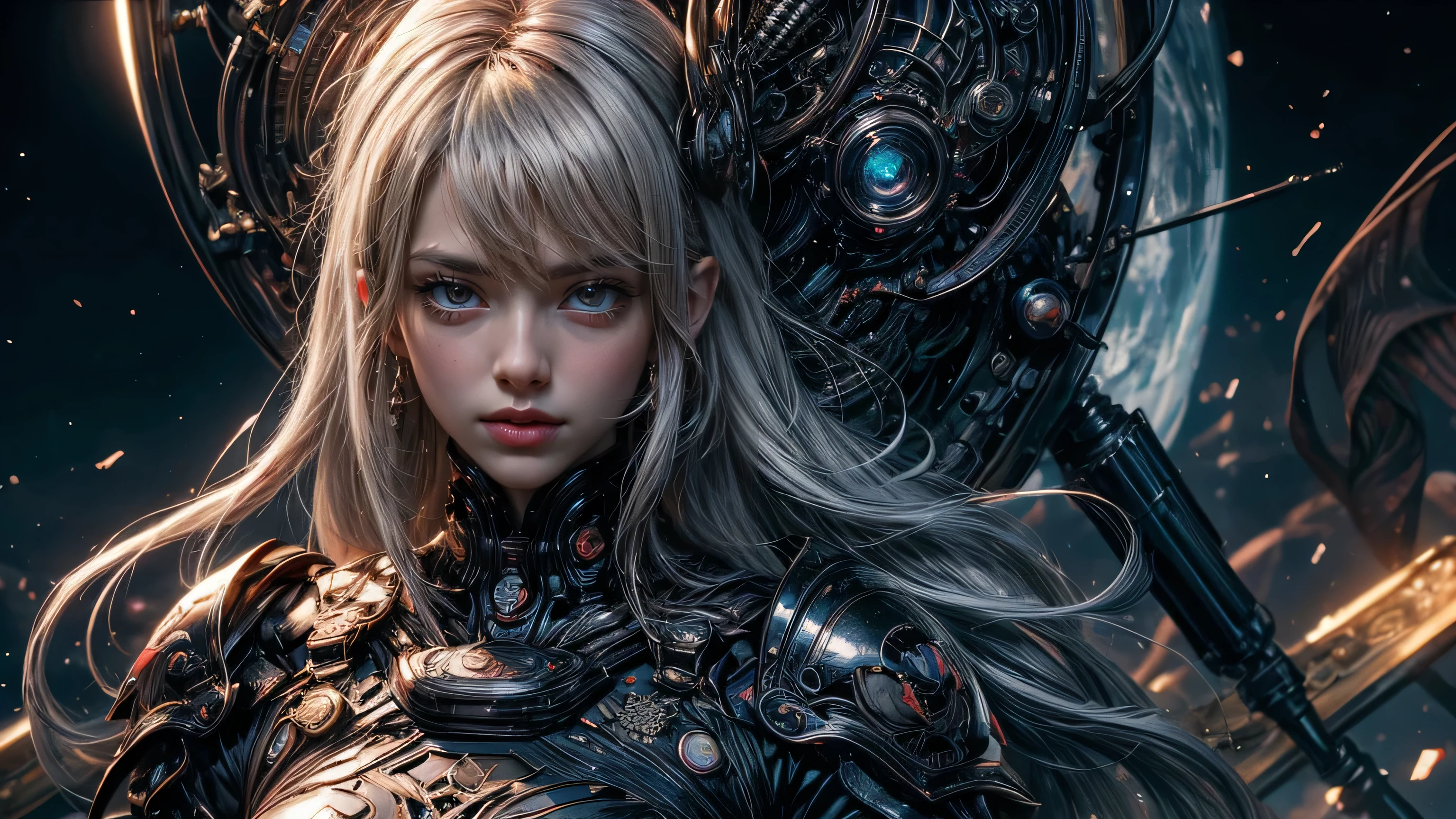 nffsw mechanism, Beautiful eyes, Upper body, (Mechanic Armor), Portrait、abyss、Shooting with a wide-angle lens,Lightning from Kaleidoscope Hand、flying though the air、flawless、Neon light, 8K, raw, Best Quality, masutepiece, 超A high resolution, Colorful, (medium wide shot), (Dynamic perspective), sharp focus , (depth of field f16), ighly detailedな目と顔,ninjartist, Trimmed gear:1.2), ((masutepiece, Best Quality)), Detailed background, Inside the spacecraft、Hold your weapon、Double exposure of a person and a spiral、(Gray hair)、brue eyes、dirty、bio luminescent、lots of crescent moons、Photographed with Canon R5,masterpiece,connected to the plug、spectrum、Space City、ighly detailed beautiful porcelain profile female android face、Complex 3D rendering of a headset、cyborgs、Robot Parts、150mm、Beautiful studio soft lights、Rim Light、Vivid details、luxuriouscyberpunk、Ren Hao、surrealistic、Anatomical、Beautiful background of facial muscles、octan render、8K、top-quality、masterpiece、illustratio、extremely delicate and beautiful、ighly detailed、nffsw ,Unity ,wall-,magnifica, Attention to detail, masterpiece,top-quality,Official art,Highly detailed ticker Unity 8K wallpapers、、Silver Halmet、