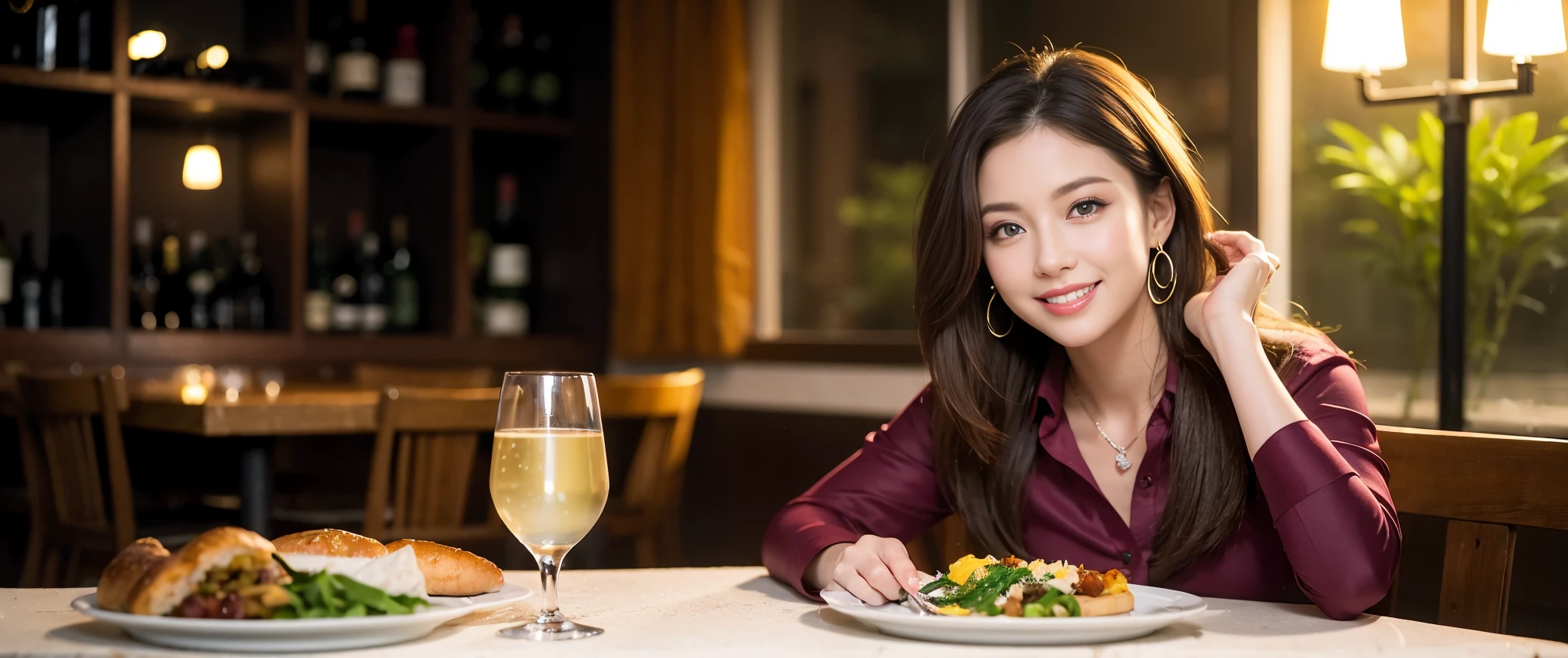 ((highest quality、8k、masterpiece:1.3))、Two beautiful women、slimなボディ、((Bob Hale、Straight hair:1.2))、(to be born, highest quality, masterpiece:1.5), (Realistic, Intricate details:1.2), Ultra-high resolution, テーブルにwine glass、Facial lighting、Amazing view of the sunset sky and clouds、Amazing mountain views、ニコニコ明るいsmile、smileの素敵な女性、Bright image、The beauty of wine, Beautiful Face, blue eyes, The light shines on your face, Blushing, short hair,Bright Face、 (33 years old), Age 35, Lady、red wine 、Appetizers、Italian food、Wine bottle、Champagne、sparkling wine、Two beauties、Brown Hair、Shortcuts、Long sleeve shirt、dress、Pretty Woman 1, (slimな顔), (The body is slim), (Brown Hair), (Shortcuts), cheeks turn a little red,Attractive beauty、, Out of the window, A beautiful and detailed night view unfolds.........., restaurant, In a prominent place (From the waist up) Nova Frog Style, actress, model, Upper Body, White wine, slim, wine glass, 真ん中に置かれたwine glass, smile, (smile: 1.15), Beautiful fine grain, Depth f/2,saturation, High Contrast, Strong light and shadow,Moist Body:1.5、3D texture、Delicate eyes、Brown Hair、The hair is very shiny、