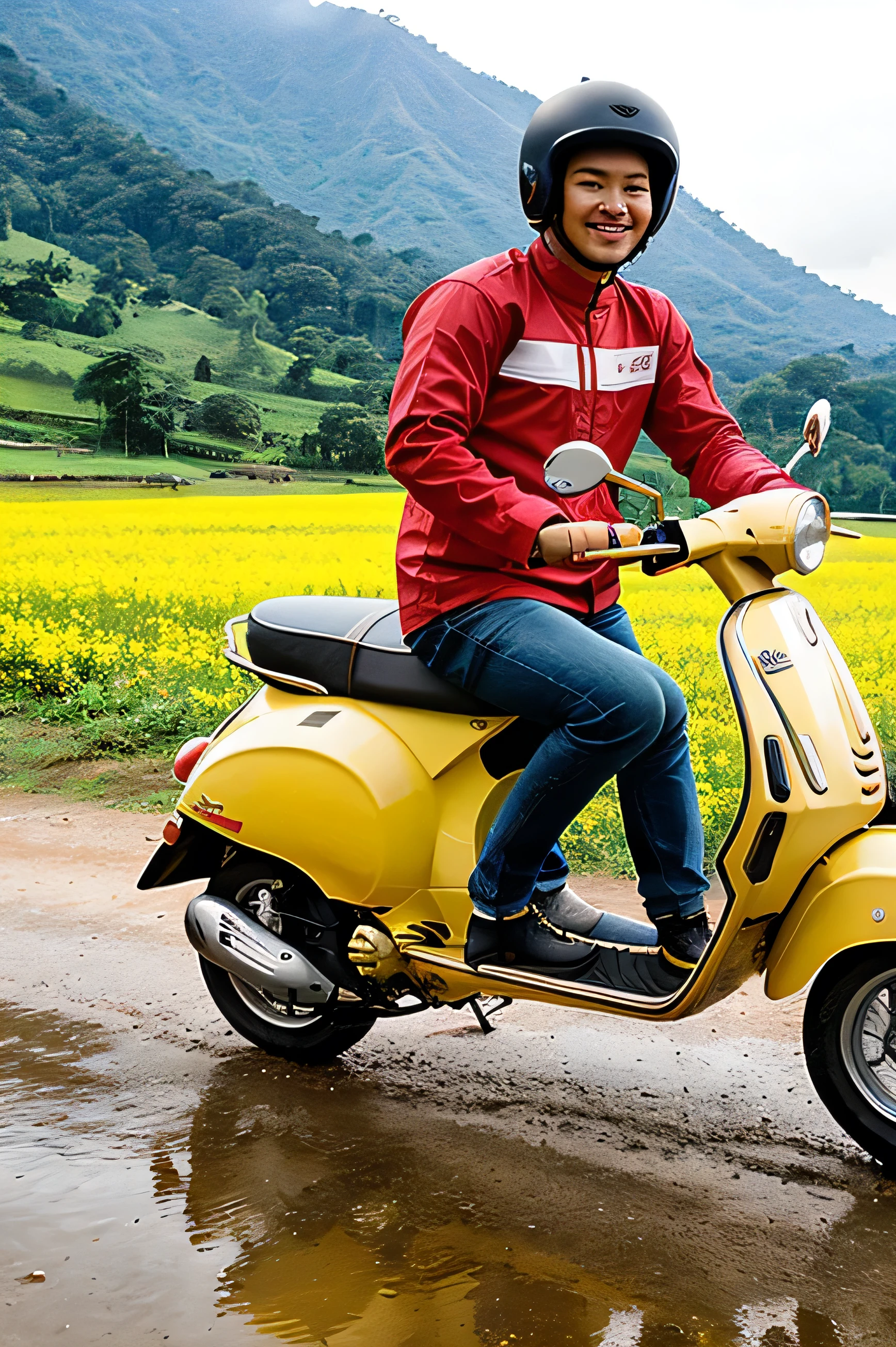 Seorang lelaki malaysia sedang duduk atas motosikal vespa warna kuning, baju Tshart warna merah, seluar jean warna hitam, berlatarbelakang gunung jerai dan sawah padi.