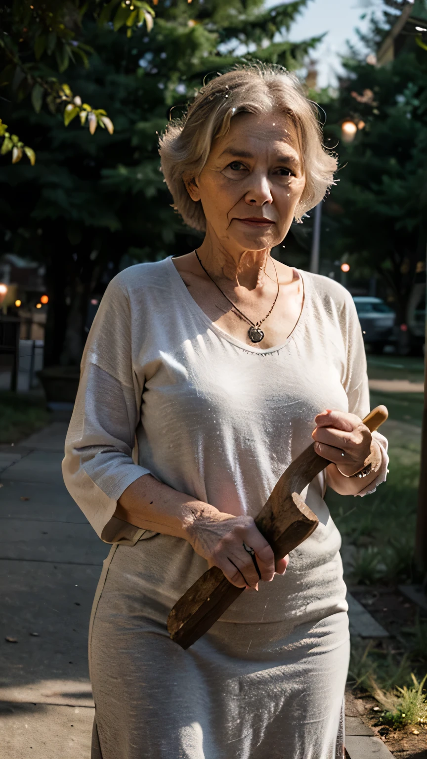 There is an old grandmother and an ax in her hand at evening