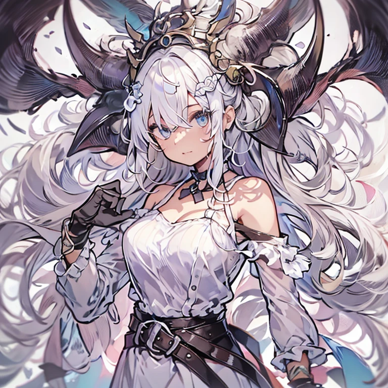 ((masterpiece)), ((bestquality)), ((ultra-detailed)), 1girl, solo, a -yeld gi white hair, blue eyes, detailed face, dragonian_head, dragonian_body, dragonian_hairstyle, dragonian_horns, dragonian_tail, one white tail, white long dress, dirty dress, off shoulder dress, black choker, ((circlet on head)), bangs, Viking axe, (holding axe:1.2), (over shoulder), nice hands, perfect hands, weapon over shoulder, molten dungeon, lava, image resolution 1024