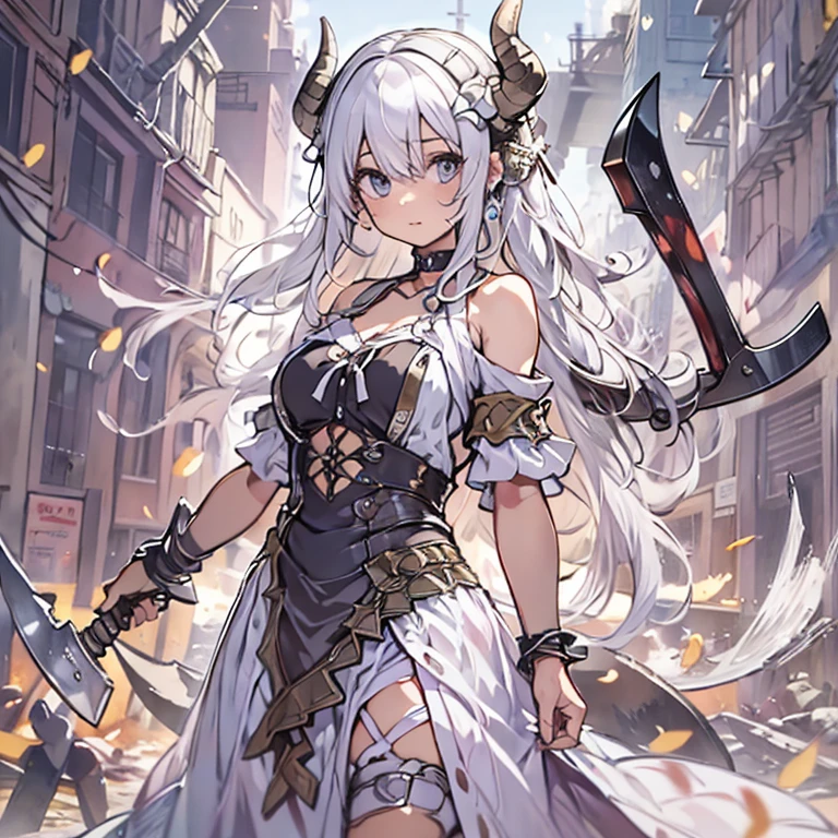 ((masterpiece)), ((bestquality)), ((ultra-detailed)), 1girl, solo, a -yeld gi white hair, blue eyes, detailed face, dragonian_head, dragonian_body, dragonian_hairstyle, dragonian_horns, dragonian_tail, one white tail, white long dress, dirty dress, off shoulder dress, black choker, ((circlet on head)), bangs, Viking axe, (holding axe:1.2), (over shoulder), nice hands, perfect hands, weapon over shoulder, molten dungeon, lava, image resolution 1024