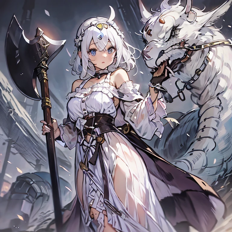 ((masterpiece)), ((bestquality)), ((ultra-detailed)), 1girl, solo, a ****************, white hair, blue eyes, detailed face, dragonian_head, dragonian_body, dragonian_hairstyle, dragonian_horns, dragonian_tail, one white tail, white long dress, dirty dress, off shoulder dress, black choker, ((circlet on head)), bangs, Viking axe, (holding axe:1.2), (over shoulder), nice hands, perfect hands, weapon over shoulder, molten dungeon, lava, image resolution 1024