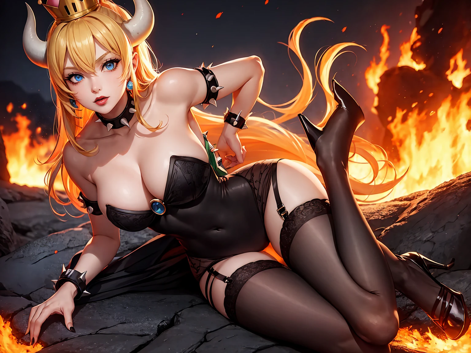 ((high detailed, best quality, 4k, masterpiece, hd:1.3)), ((best quality)), (((HD))), (((8k))), (ultraDH), (ultra HD), Princess Daisy, blue eyes, BREAK blue eyes, , attractive, smooth anime cg art, 36C , long legs, vivid colors, detailed digital art, slim body, perfect skin, dark blonde hair, long hair, blonde hair, blonde hair, BREAK crown, , 36C , looking at viewer, BREAK looking at viewer, extremely detailed face, red santa suit, red santa claus suit, santa claus suit, earrings, gem, dark black makeup lips, dark gothic eyeshadows, dark eyeshadows, black eyeshadows, black  lips, black lips, (dark:1.2), dark lips, very dark lips, (perfect hands, perfect ), black makeup, black medium lips, black thick lips, detailed fingers, five fingers per hand, 5 fingers, (1 girl), detailed lips, detailed black lips, black painted lips, gothic painted lips, BREAK night, night sky, (), (arms outstreched:1.2), (from above:1.1), ( out:1.3), (off shoulder:1.1), (white horns), (), inside a lava castle, she inside a sea of lava, she bathing in lava, (((heels)))