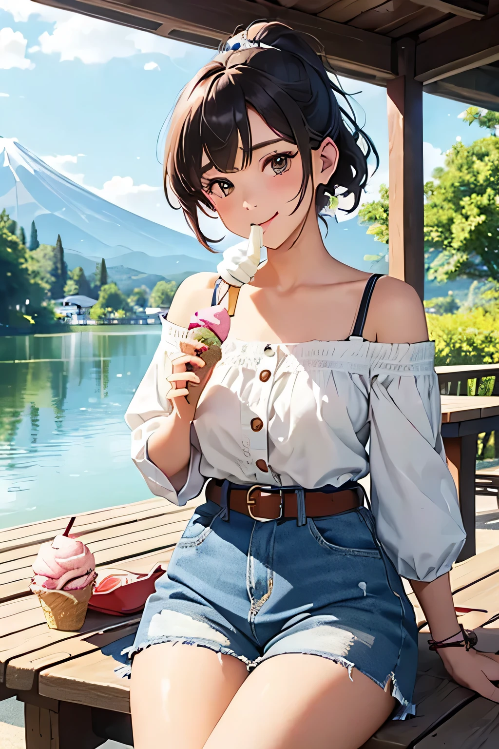 highest quality、High resolution、Detailed Background、(Beautiful face in every detail:1.4)、Anatomically correct、(Detailed facial expressions)、(Detailed eyes:1.2)、(Detailed eyes:1.2)、 beauty、(Highly detailed face:1.4)、Cute color hair color、ponytail、Bobcut、Cute hairstyle、well-groomed eyebrows、In a joking manner、A big smile、Do cute things、Fit on one screen、
(Two beautiful girls eating ice cream to beat the heat at a summer resort:1.5)、
The way she eats the ice cream with a smile and licks it is adorable.、
Light dress、Floral and fruit patterns、Dresses with bright colors and patterns, such as stripes、
Pair it with cool footwear such as sandals or espadrilles.、
Off-the-shoulder tops in bright colors and vibrant patterns、Create a light look with denim shorts、A shirt dress is an item that gives a clean impression.、
Brightly colored or striped shirt dresseark your waist with a belt to enhance your style、
Lake Kawaguchi and the Five Lakes of Yamanashi Prefecture:Located at the foot of Mt. Fuji, Lake Kawaguchi and the Five Lakes are summer resorts surrounded by beautiful natural surroundings.、You can enjoy a stroll or boat ride along the lake and the view of Mt. Fuji.
