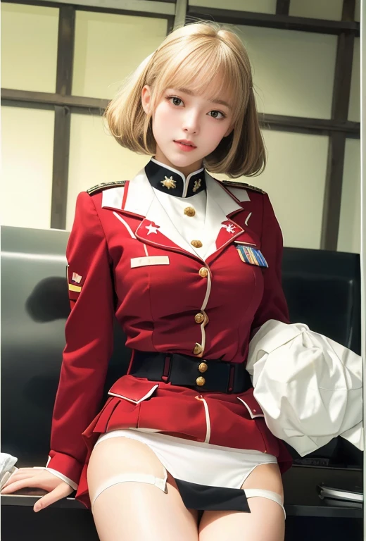 real photos、Highest image quality、real image、federal army uniform、Frau Bow、cute girl、18-year-old、（white panties:1.3）、super mini skirt、beautiful thighs、white panties、Her red mini skirt flips up, revealing her white panties,show her panties,