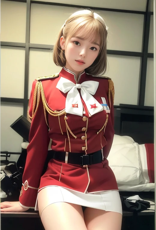 real photos、Highest image quality、real image、federal army uniform、Frau Bow、cute girl、18-year-old、（white panties:1.3）、super mini skirt、beautiful thighs、white panties、Her red mini skirt flips up, revealing her white panties,show her panties,