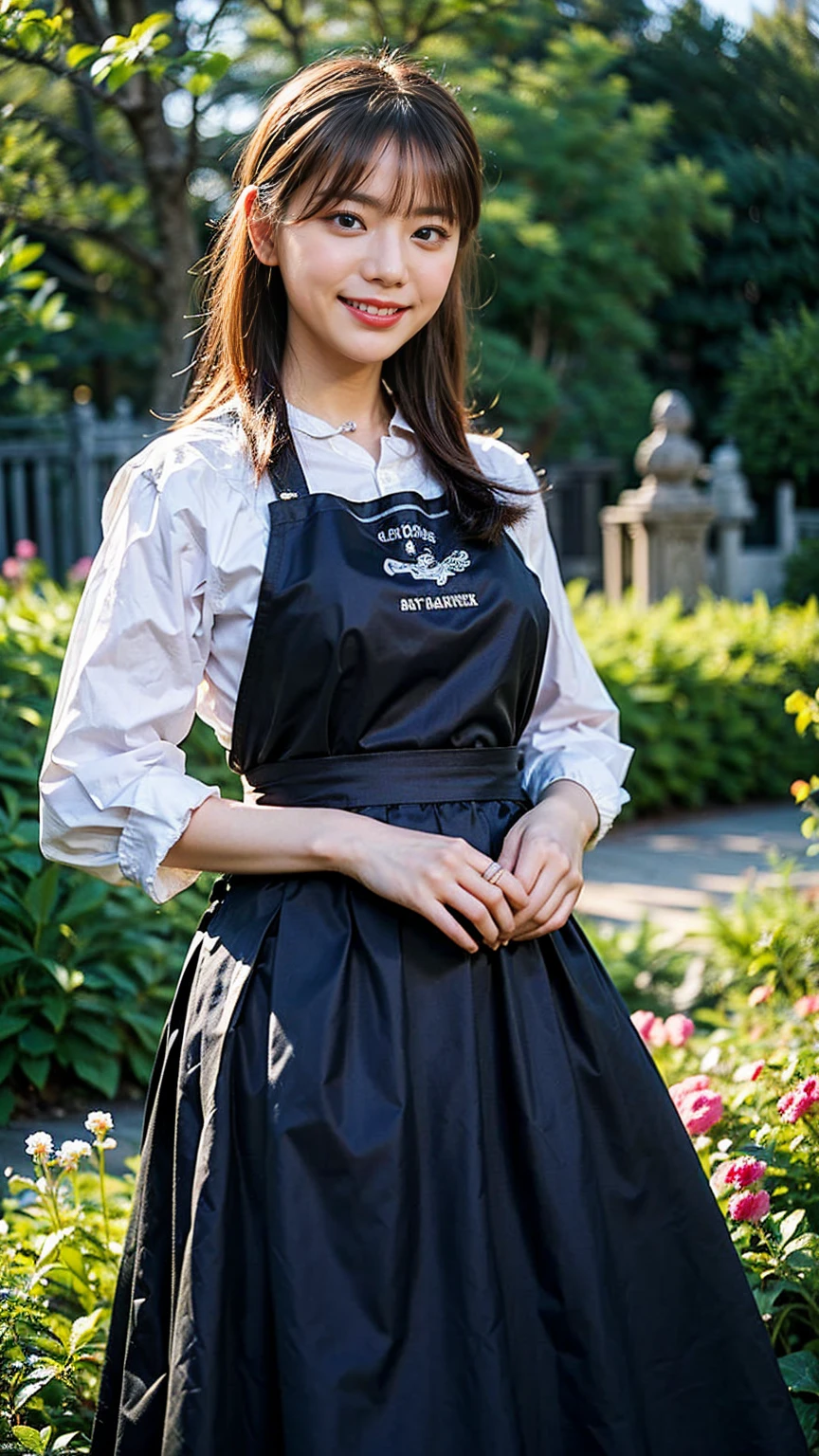 (8k、RAW Photos、highest quality、masterpiece:1.2)、(Realistic、Realistic)、1 girl、((Viewed from the front、Large Breasts、garden、apron、Long skirt、smile、Bandana on head))、Lots of eyelashes、Glowing eyelids、skeletally correct