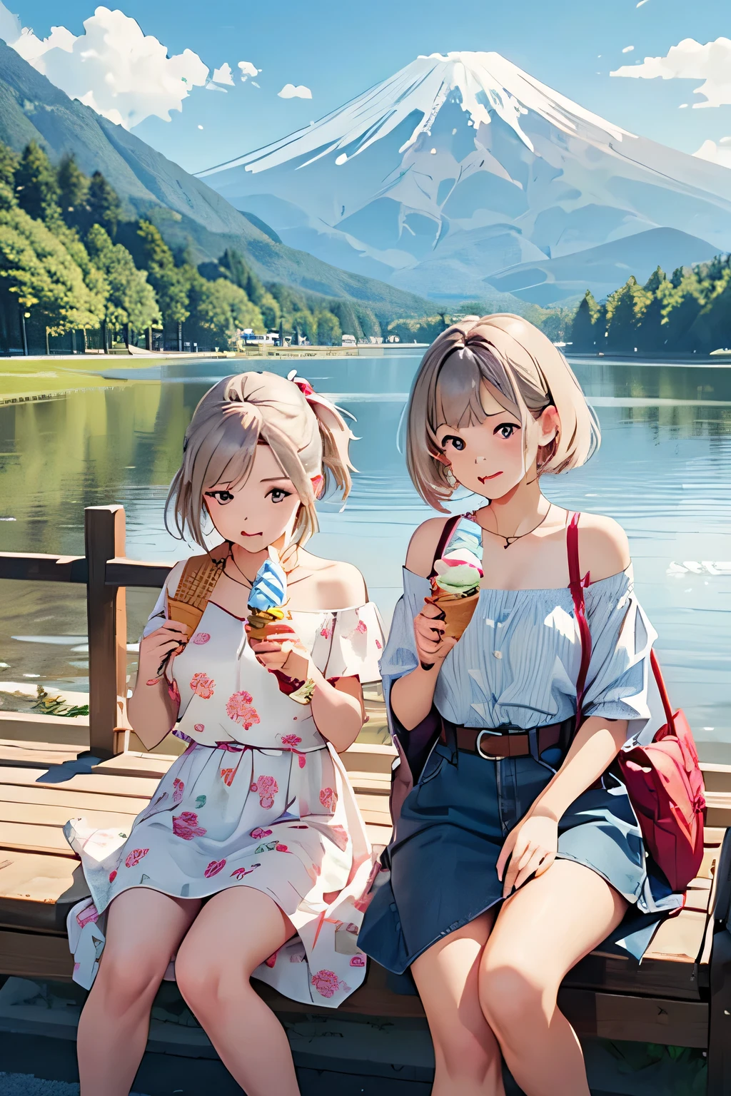 highest quality、High resolution、Detailed Background、(Beautiful face in every detail:1.4)、Anatomically correct、(Detailed facial expressions)、(Detailed eyes:1.2)、(Detailed eyes:1.2)、age beauty、(Highly detailed face:1.4)、Cute color hair color、ponytail、Bobcut、Cute hairstyle、well-groomed eyebrows、In a joking manner、A big smile、Do cute things、Fit on one screen、
(Two beautiful girls eating ice cream to beat the heat at a summer resort:1.5)、
The way she eats the ice cream with a smile and licks it is adorable.、
Light dress、Floral and fruit patterns、Dresses with bright colors and patterns, such as stripes、
Pair it with cool footwear such as sandals or espadrilles.、
Off-the-shoulder tops in bright colors and vibrant patterns、Create a light look with denim shorts、A shirt dress is an item that gives a clean impression.、
Brightly colored or striped shirt dresseark your waist with a belt to enhance your style、
Lake Kawaguchi and the Five Lakes of Yamanashi Prefecture:Located at the foot of Mt. Fuji, Lake Kawaguchi and the Five Lakes are summer resorts surrounded by beautiful natural surroundings.、You can enjoy a stroll or boat ride along the lake and the view of Mt. Fuji.