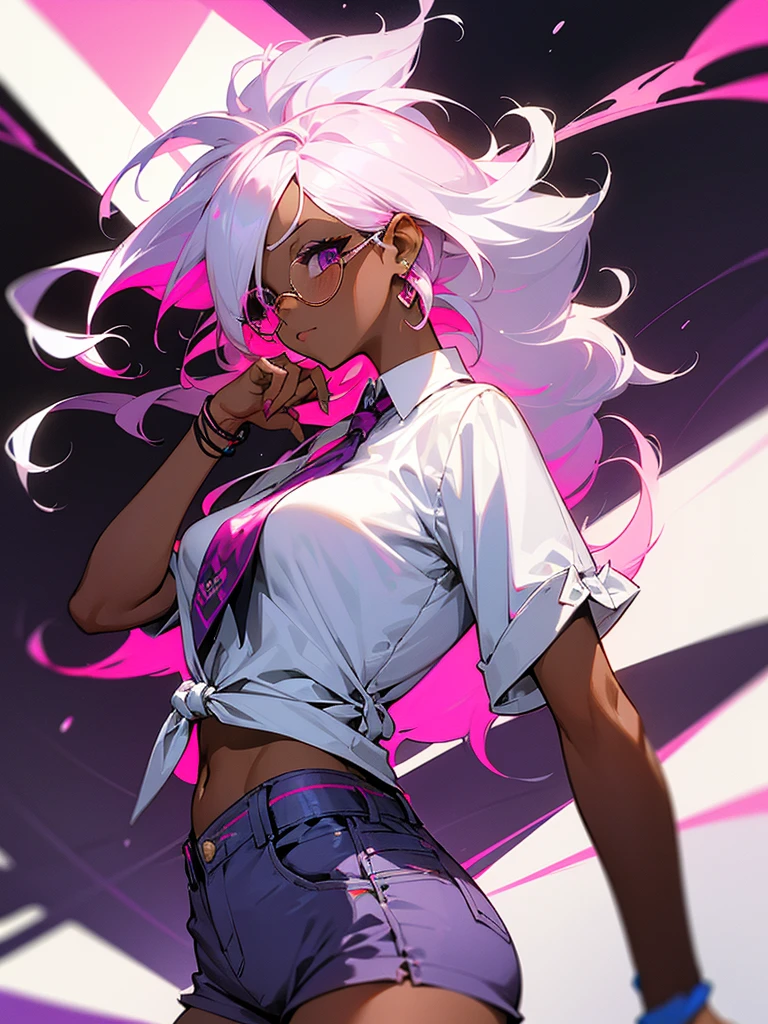 masterpiece, 1 woman, adult, ((dark skinned woman, hair over the one eye)), white hair, pink hair, colorful hair, tied up hair, long messy hair, purple eye, (glasses), (white shirt, short pants), tie, (underboob), earring, from side, hand gesture, Defiant pose