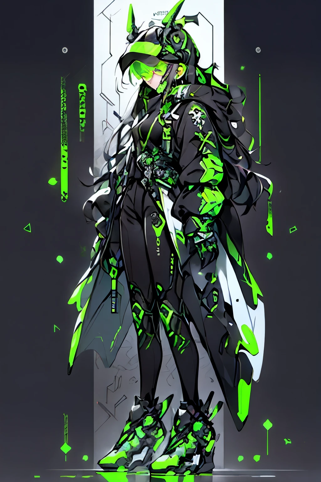 1 girl, Solitary, (masterpiece,Top quantity,Best quality),((Cyberpunk style,Robotic Arm,Holographic Aura,Surreal science fiction art,Future science fiction aesthetics)),((of personification)), solo, Human body structure concept art, Tights,Wetsuit,Oversized windproof glasses,Winner of the Character Design Contest, Cyberpunk, great character design, , fantasy, Biopunk Bee, The main colors are purple and green, Interesting character design, Kushat Kents, Cyberpunk, Whole body concept, High quality character design, Character Design Art, ((very simple background))、(Game character design), White background(((Flat color)))