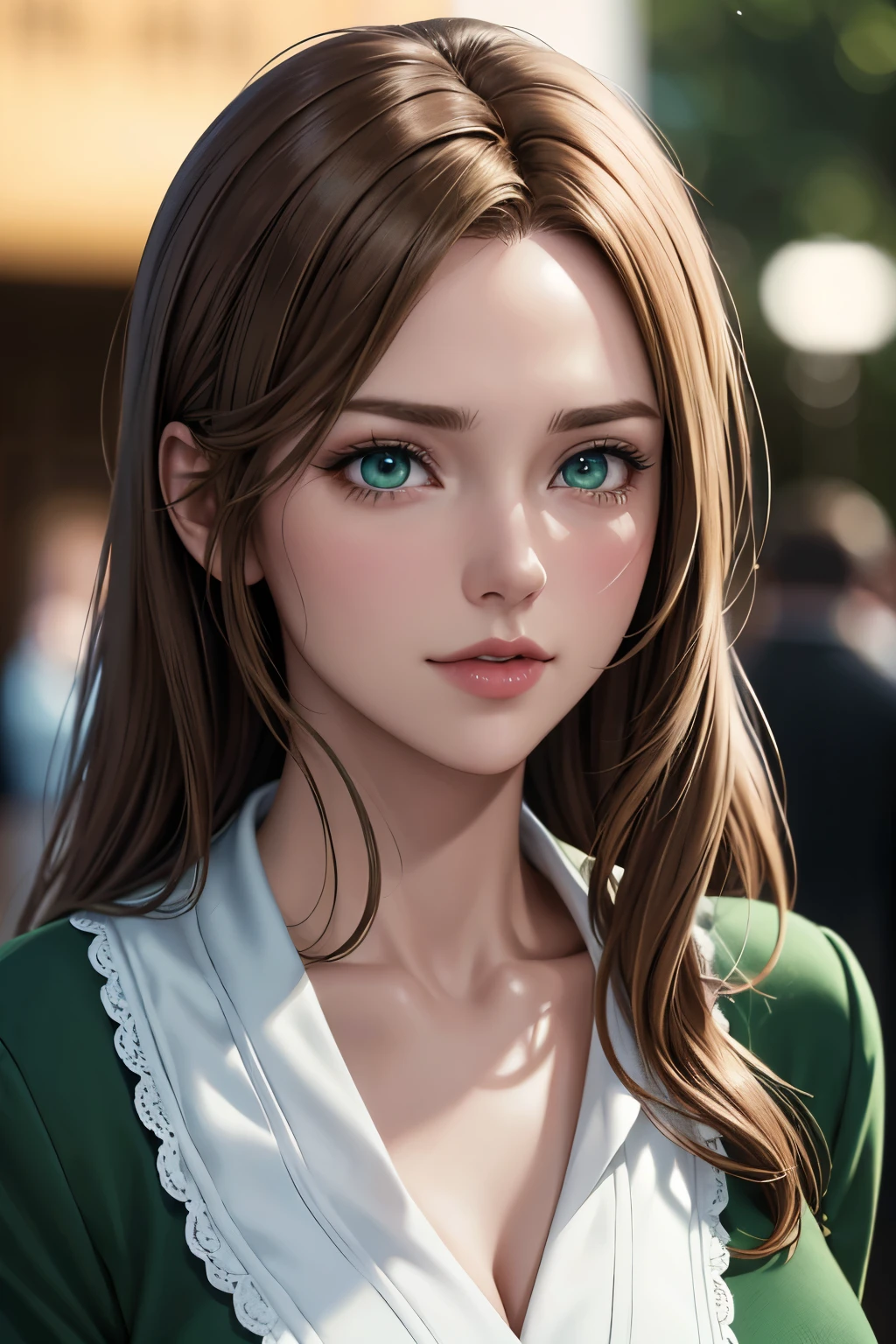((Caucasian,brown blond hair,smart green eyes)),(best quality,4k,8k,highres,masterpiece:1.2),ultra-detailed,(realistic,photorealistic,photo-realistic:1.37),HDR,UHD,ultra-fine painting,sharp focus,physically-based rendering,extreme detail description,professional,vivid colors,bokeh,((portrait)),1 girl,((catseye)),Daytime,In town,formal wear