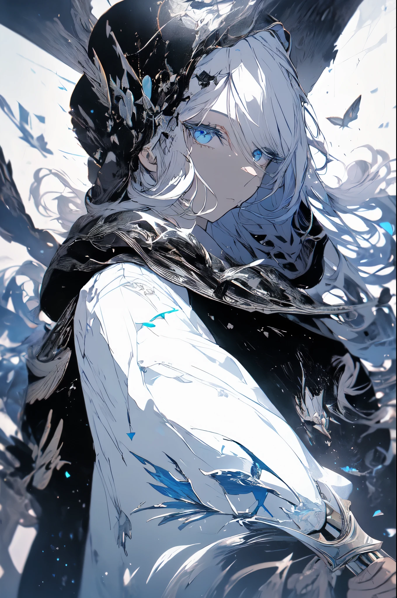 best quality, masterpiece, 1 Girl, Solitary, Expression face, Looking at the audience, blue eyes, flat chest, Absurdly long hair, Glowing eyes, white hair, Ahog, Upper Body, Armor, gauntlet, Black coat, Futurism, permanent, vitality, strength, Gain, Halo, Black cape, Holding a sword, Monochrome background, The window at the back was broken, Rotating broken glass fragments background, Half closed eyes, Hair between the eyes, flat chest, blue magic