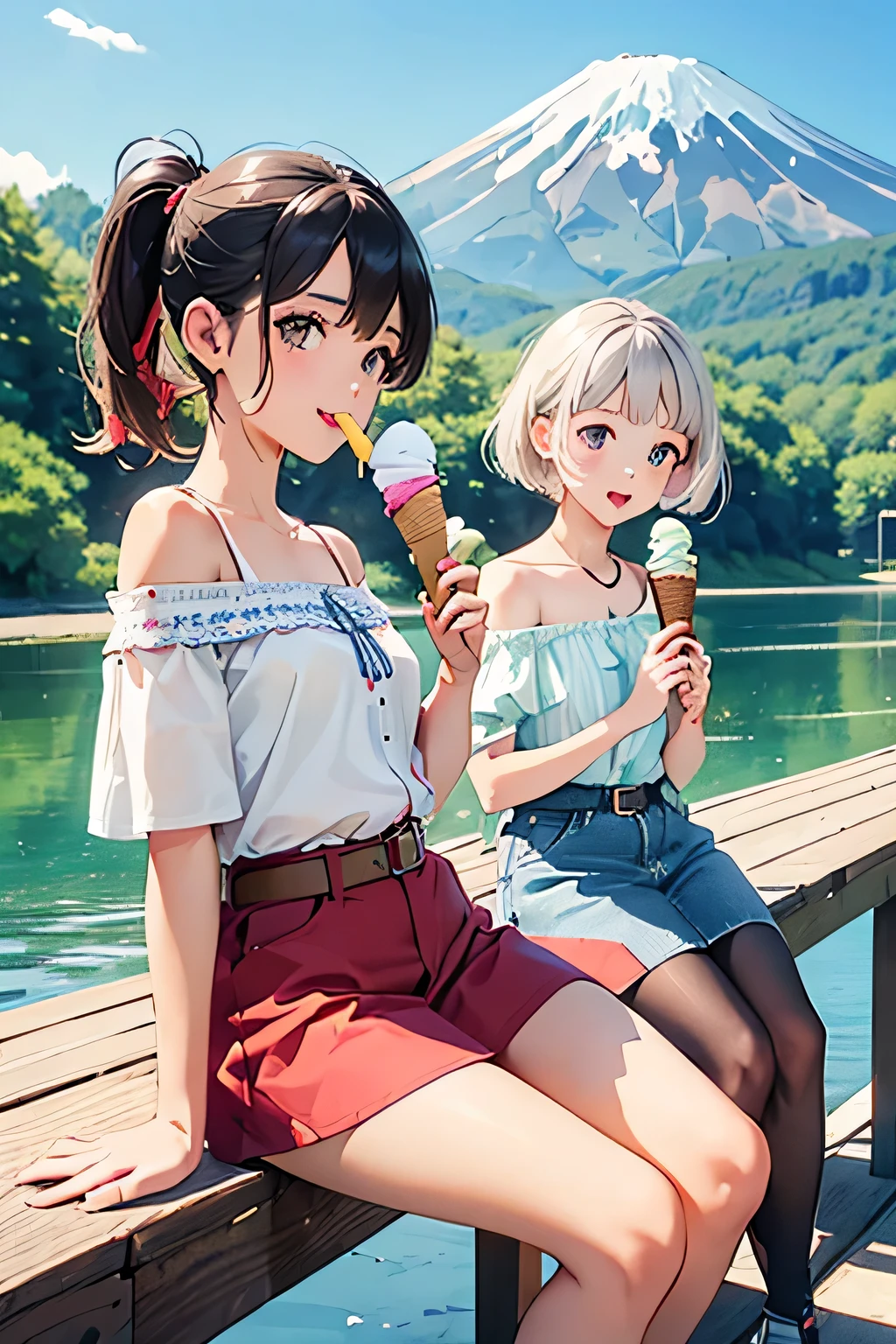 highest quality、High resolution、Detailed Background、(Beautiful face in every detail:1.4)、Anatomically correct、(Detailed facial expressions)、(Detailed eyes:1.2)、(Detailed eyes:1.2)、age beauty、(Highly detailed face:1.4)、Cute color hair color、ponytail、Bobcut、Cute hairstyle、well-groomed eyebrows、In a joking manner、A big smile、Do cute things、Fit on one screen、
(Two beautiful girls eating ice cream to beat the heat at a summer resort:1.5)、
The way she eats the ice cream with a smile and licks it is adorable.、
Light dress、Floral and fruit patterns、Dresses with bright colors and patterns, such as stripes、
Pair it with cool footwear such as sandals or espadrilles.、
Off-the-shoulder tops in bright colors and vibrant patterns、Create a light look with denim shorts、A shirt dress is an item that gives a clean impression.、
Brightly colored or striped shirt dresseark your waist with a belt to enhance your style、
Lake Kawaguchi and the Five Lakes of Yamanashi Prefecture:Located at the foot of Mt. Fuji, Lake Kawaguchi and the Five Lakes are summer resorts surrounded by beautiful natural surroundings.、You can enjoy a stroll or boat ride along the lake and the view of Mt. Fuji.