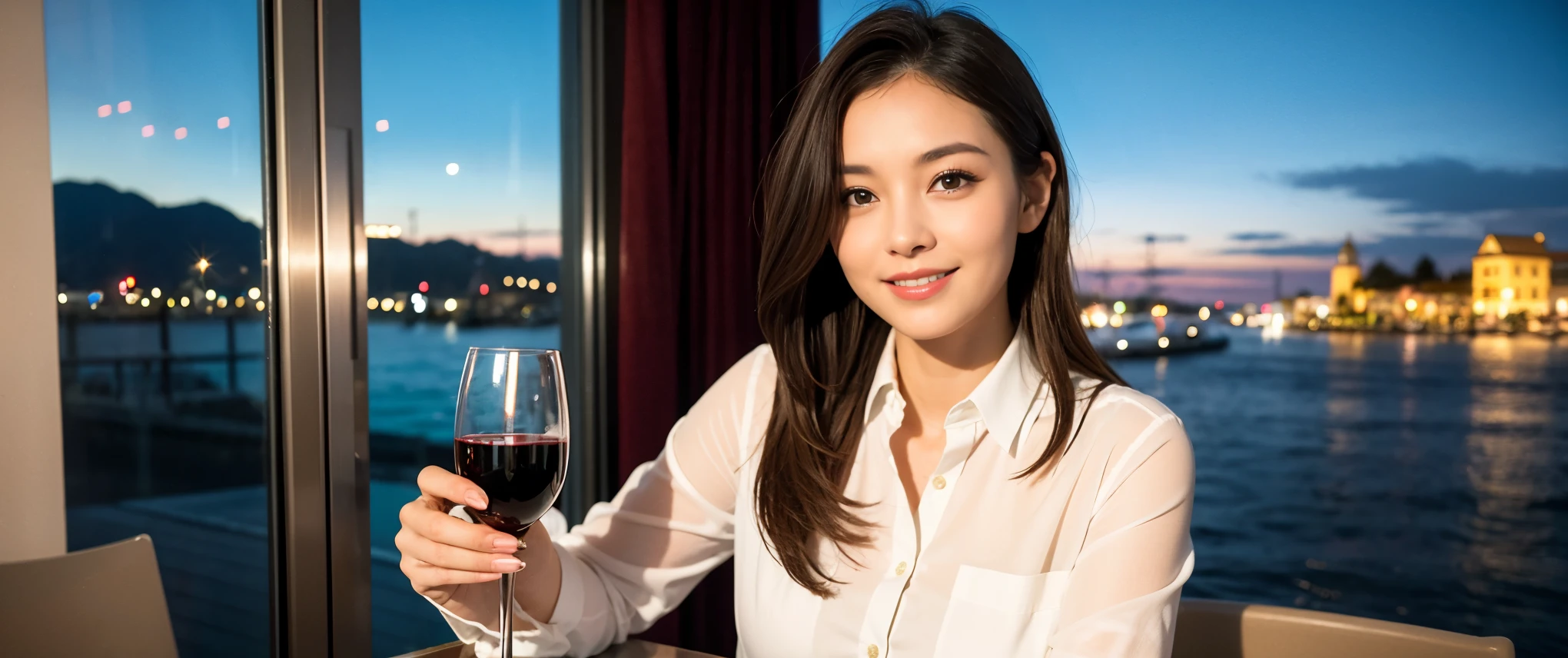 ((highest quality、8k、masterpiece:1.3))、Two beautiful women、slimなボディ、((Bob Hale、Straight hair:1.2))、(to be born, highest quality, masterpiece:1.5), (Realistic, Intricate details:1.2), Ultra-high resolution, テーブルにwine glass、Lighting the face、Amazing view of the sunset sky and clouds、Amazing mountain views、ニコニコ明るいsmile、smileの素敵な女性、Bright image、The beauty of wine, Beautiful Face, blue eyes, The light shines on your face, Blushing, short hair,Bright Face、 (41 years old), 39 years old, Lady、red wine 、Appetizers、Italian food、Wine bottle、Champagne、sparkling wine、Two beauties、Brown Hair、Shortcuts、Long sleeve shirt、dress、Pretty Woman 1, (slimな顔), (The body is slim), (Brown Hair), (Shortcuts), cheeks turn a little red,Attractive beauty、, Out of the window, A beautiful and detailed night view unfolds.........., restaurant, In a prominent place (From the waist up) Nova Frog Style, actress, model, Upper Body, White wine, slim, wine glass, 真ん中に置かれたwine glass, smile, (smile: 1.15), Beautiful fine grain, Depth f/2,saturation, High Contrast, Strong light and shadow,Moist Body:1.5、3D texture、Delicate eyes、Brown Hair、The hair is very shiny、