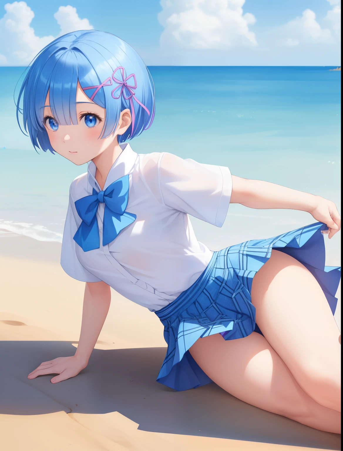 1girl, rem re zero,Short hair,Falling, rolling on the ground, facing right, camera angle from the side, looking away, photo from the side,,blue hair, blue eyes,,White shirt, short sleeve shirt, blue plaid skirt, blue bow tie,full body photo,ultra detail, ultra hd