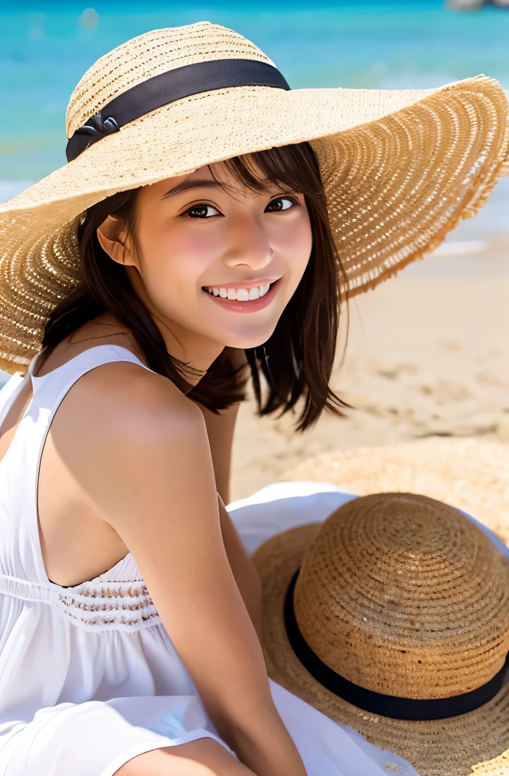 Japanese、beautiful girl、Shortcuts、White dress、Straw hat、Sandy Beach、Ocean、smile、