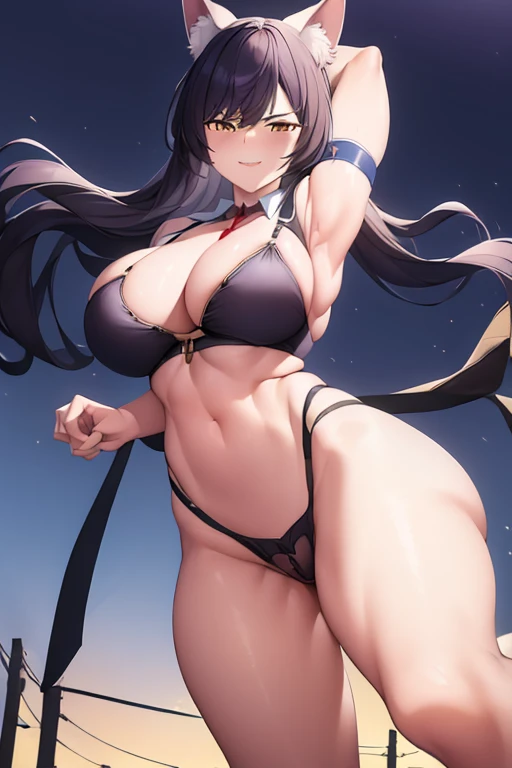 masterpiece, best quality, beautiful art, high resolution, well formed hands, body and fingers, 1 woman, solo, Black Hanekawa, cat ears and cat tail, grown up, adult, she wears a police officer hat, big breasted, cleavage full body, gorgeous legs and thighs, wearing sexy black lingerie ,sexy and skimpy lingerie, black bra, black underwear, she is fighting a villain, showing her fighting skills, action and fighting scene, throwing punches and kicks, hitting the viewer, sexy fight, acting tough and cocky, sexy police officer, bouncing breasts, smiling joyfully and brightly, feeling confident and cocky city at night with full moon