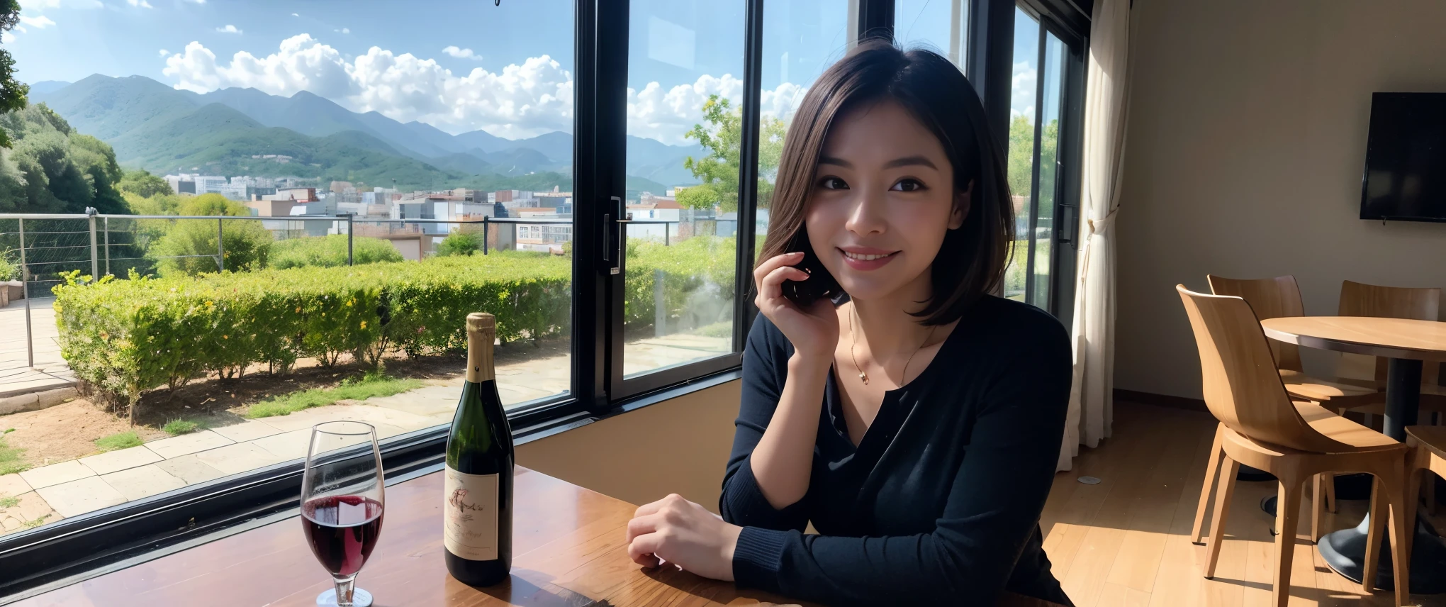 ((highest quality、8k、masterpiece:1.3))、Sharp focus:1.2、Beautiful woman perfect body:1.4、slimなボディ、((Bob Hale、Straight hair:1.2))、(to be born, highest quality, masterpiece:1.5), (Realistic, Intricate details:1.2), テーブルにwine glass、Put the light on your face、 Amazing view of the sunset sky and clouds、Amazing mountain views、ニコニコ明るいsmile、smileの素敵な女性、Bright image、2. The beauty of wine, Beautiful Face, blue eyes, The light shines on your face, Blushing, short hair,Bright Face、Fox face、 (43 years old), 39 years old, Lady、red wine 、Appetizers、Italian food、Wine bottle、Champagne、sparkling wine、Two beauties、Brown Hair、Shortcuts、Long sleeve shirt、dress、Pretty Woman 1, (slimな顔), (The body is slim), (Brown Hair), (Shortcuts), cheeks turn a little red,Attractive beauty、, Out of the window, A beautiful and detailed night view unfolds.........., restaurant, In a prominent place (From the waist up) Nova Frog Style, actress, model, Upper Body, White wine, slim, wine glass, 真ん中に置かれたwine glass, smile, (smile: 1.15), Beautiful fine grain, Depth f/2,saturation, High Contrast, Strong light and shadow,Moist Body:1.5、3D texture、Delicate eyes、Brown Hair、The hair is very shiny、